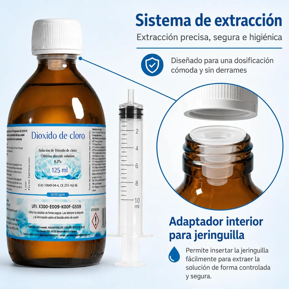 Dioxido de Cloro 3000ppm - CDS 0,3% - Envasado en Botella Cristal Ambar - Fabricado en España (125ml)