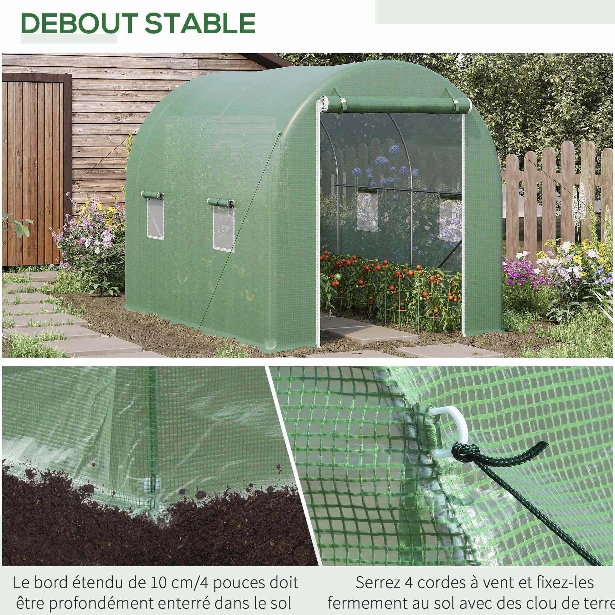 Outsunny – Invernadero de jardín (túnel chasis Tubular reforzados con puertas con cremallera ventanas enroulables verde | Marco tubular reforzado, 4 ventanas enrollables, marco de metal