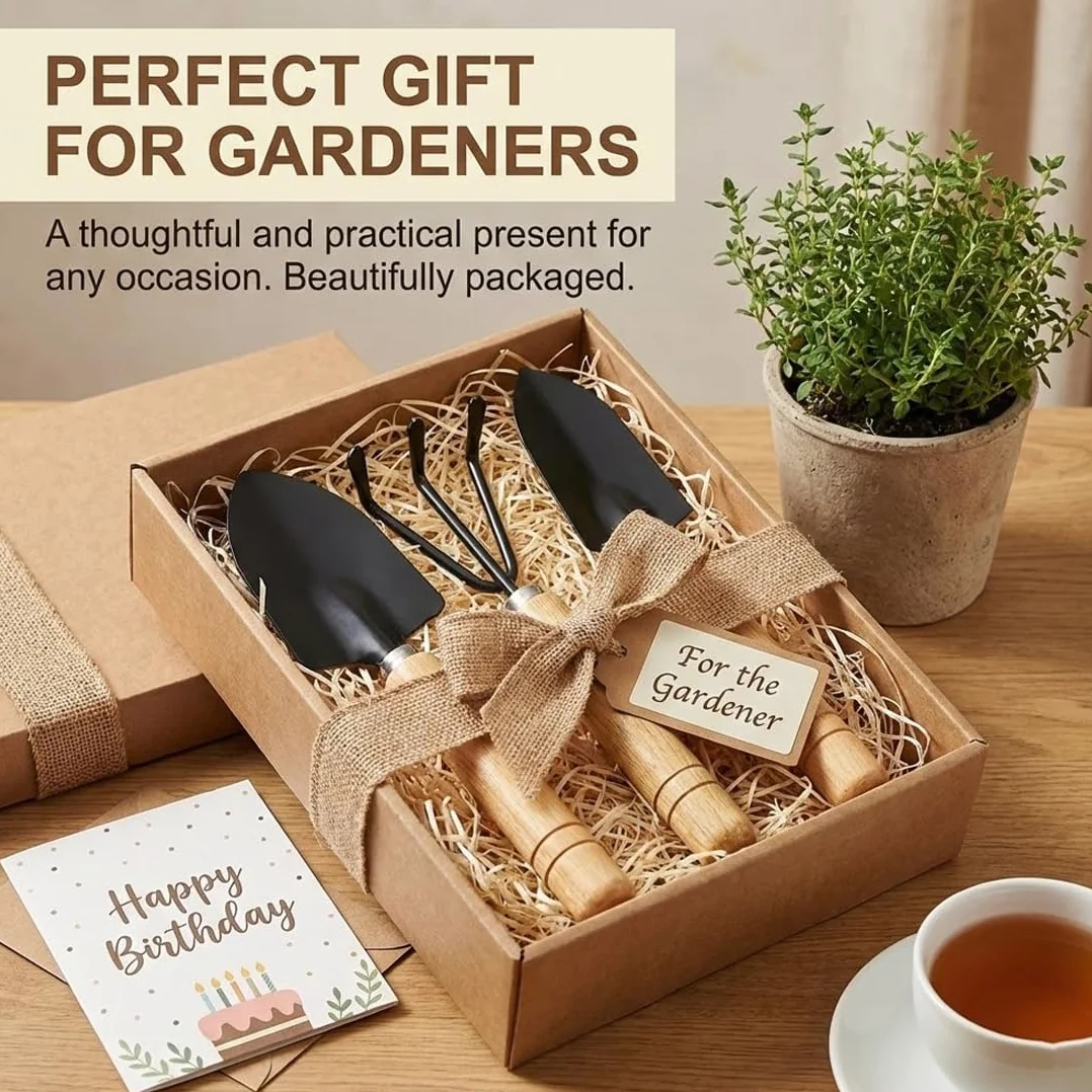 3 Piezas Mini Set de Herramientas de Jardinería, Kit de Herramientas con Mango de Madera, Mini Pala, Rastrillo y Azada para Bonsáis, Plantas, Macetas y Suelo Suelto