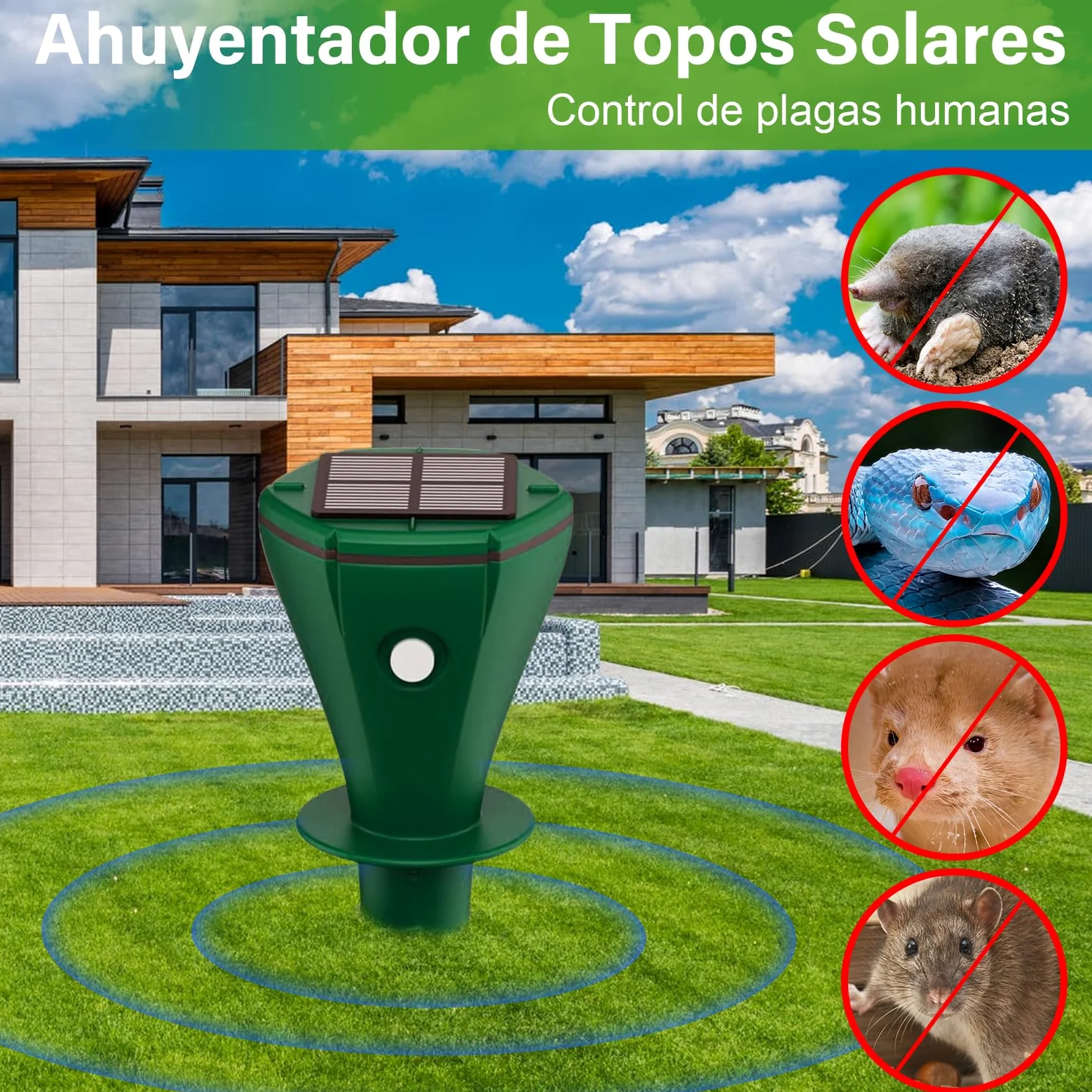 Ahuyentador de Topos Solares, 4 Piezas Ahuyentador de Ratones de Animales para la Expulsión de Topos, Ardillas de Tierra, Serpiente, Ratones de, IP65 Resistente al Agua, Verde