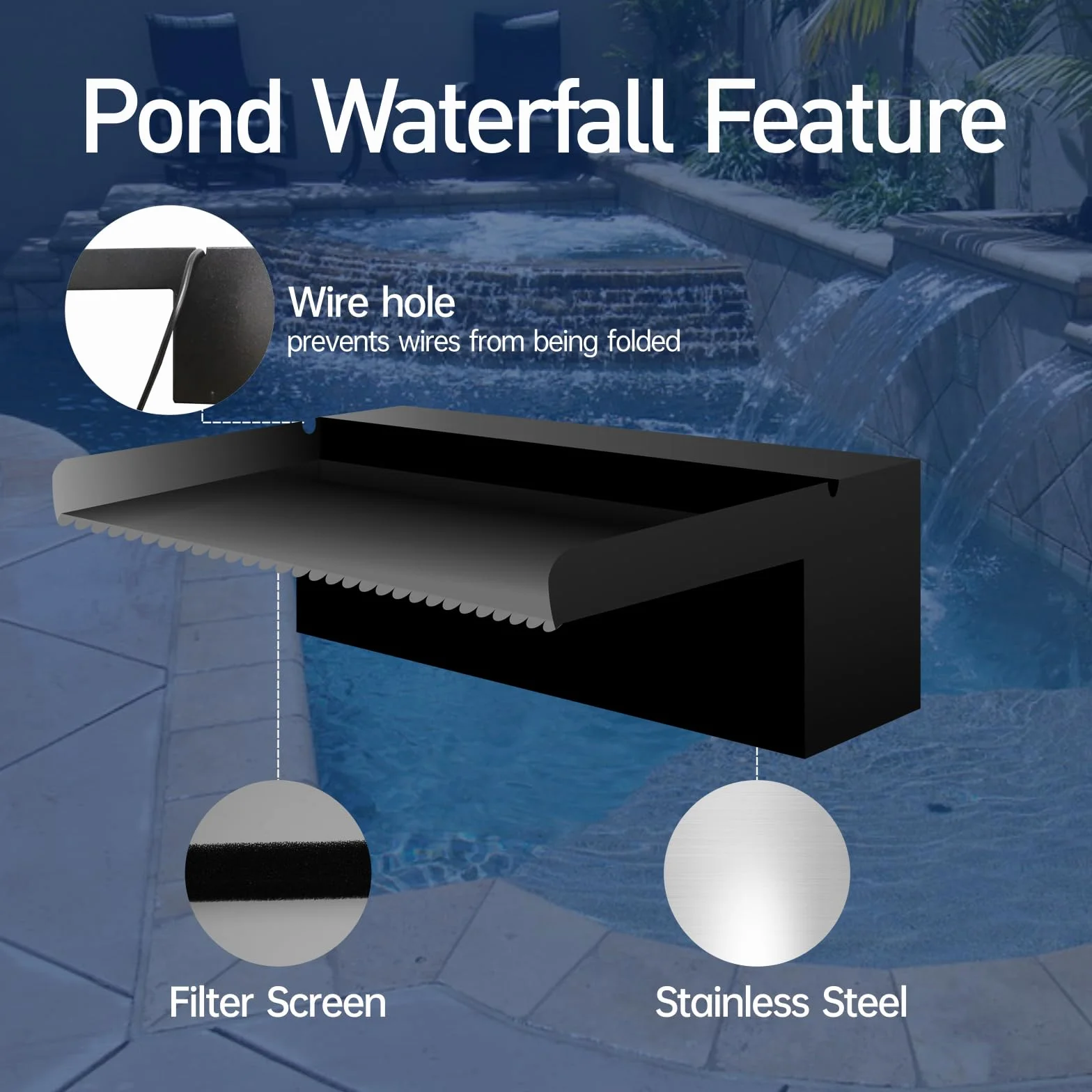 Kit de Fuente de Cascada de Jardín en Acero Inoxidable, Diseño Elegante para Patio, Estanque Exterior Negro con Vista al Agua para Decoración de Terraza - 90x20x10cm (Sin luz)