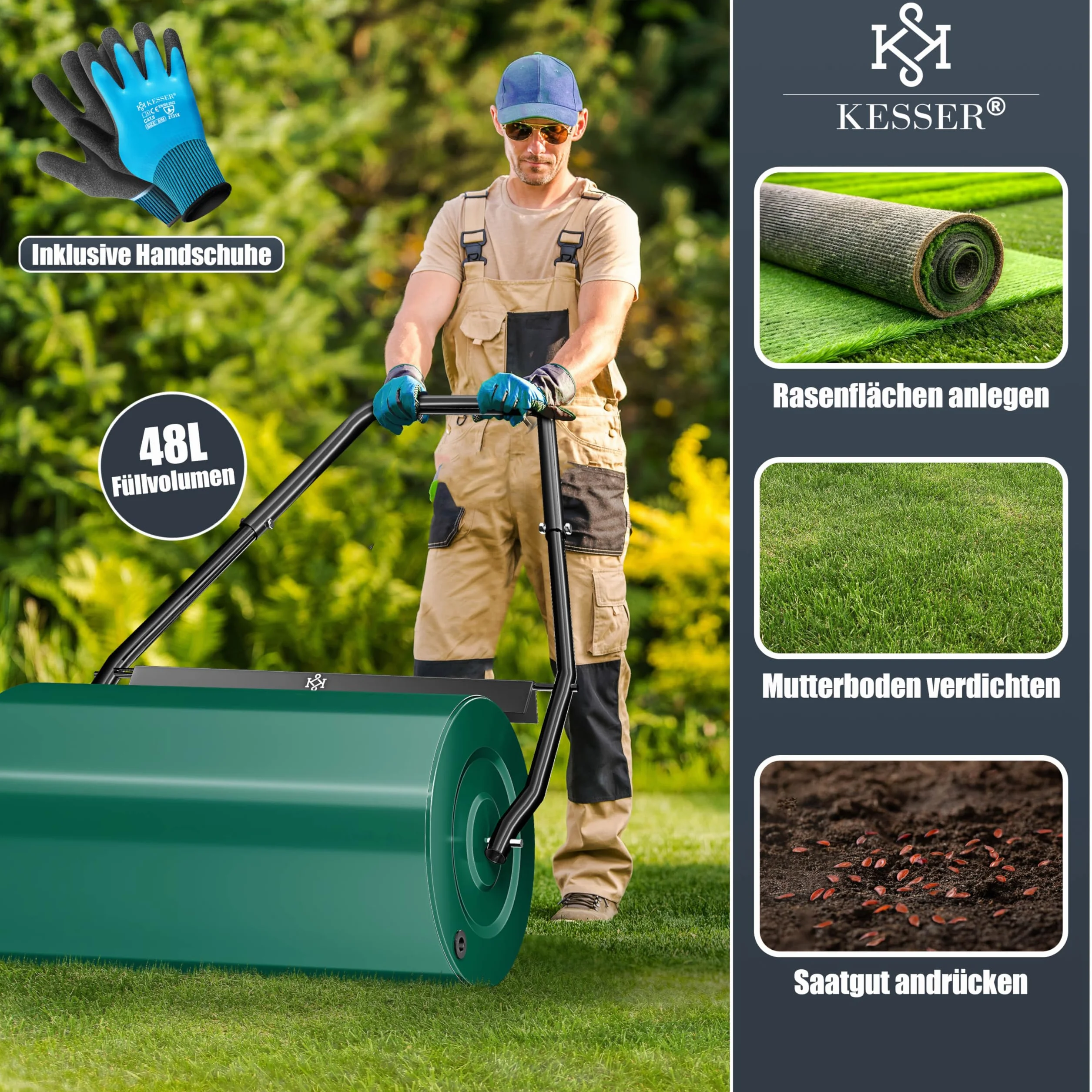 KESSER® Rodillo para césped 60 cm 48 l Volumen de llenado Metal con Deflector de Suciedad Rodillo Manual Rodillo para césped Rodillo de jardín Rodillo agrícola Rodillo rellenable 60 kg, Verde