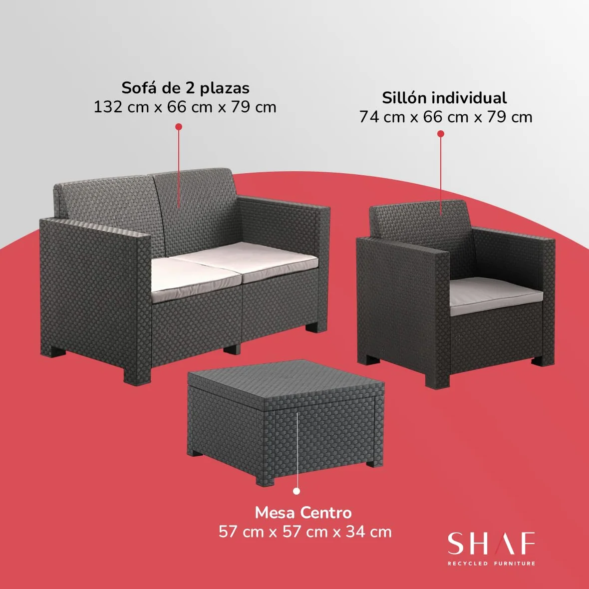 SP Berner SHAF - Conjunto Jardín Exterior y Terraza - Sofá de 2 plazas, 2 Sillones, Mesa Baja y Cojines Asiento - Plástico Reciclado - Set EVO Confort - Grafito