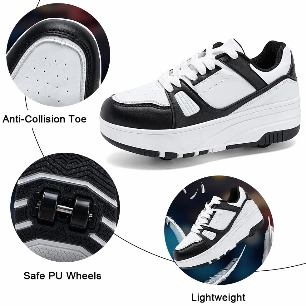 ENEN Zapatos con Ruedas para Niños y Niñas, Zapatillas de Patinaje Multifuncionales Rosa Blanco/Negro Blanco