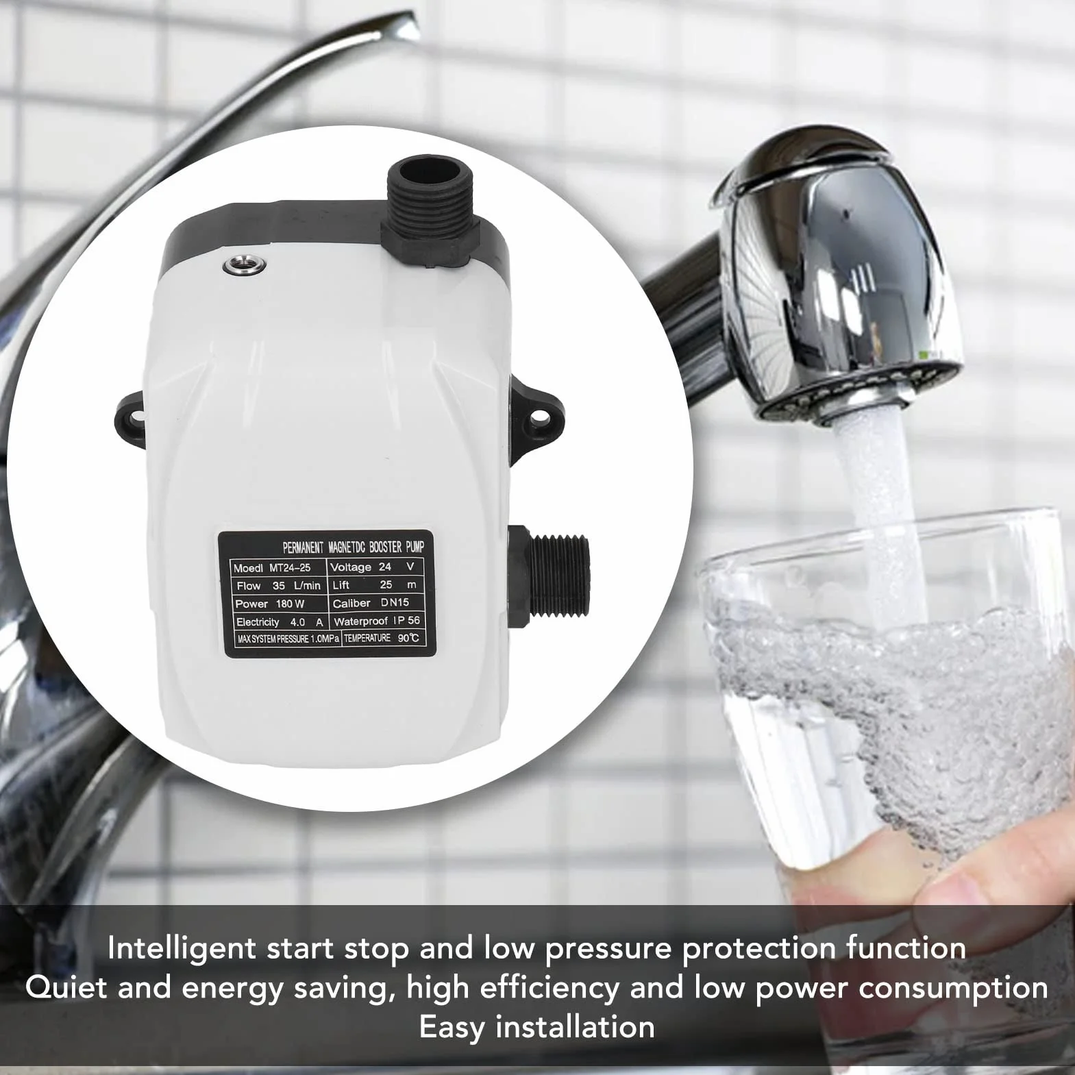 Bomba de Refuerzo de Presión de Agua, DC 24V 180W Mini Bomba Automática Solar de Alta Elevación con Flujo de 35L / Min Bomba de Agua de bajo Ruido para Grifo Baño Ducha Jardín