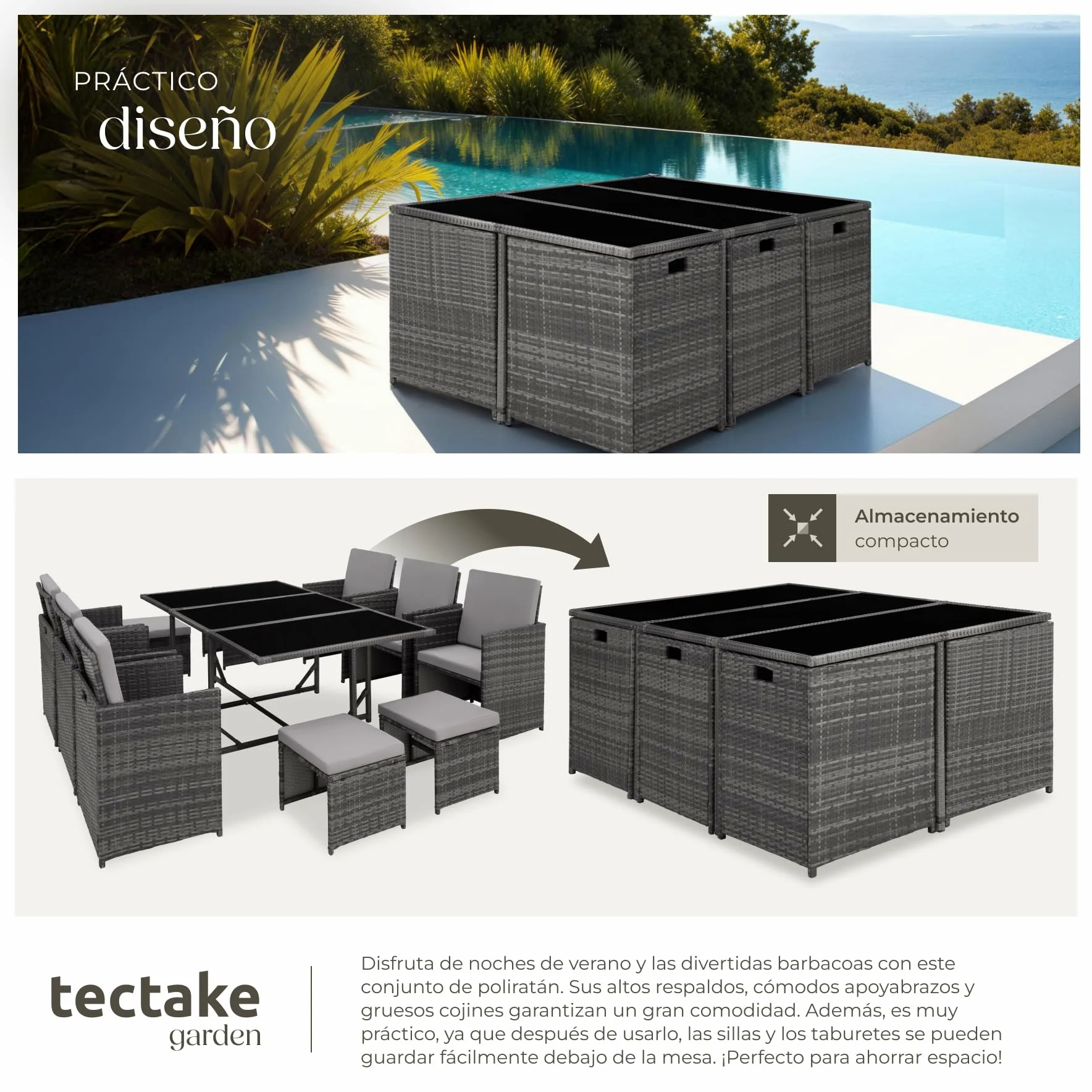 tectake® Conjunto Jardín Exterior de Ratán y Acero, Agrupable en Cubo, Muebles Jardín Exterior Resistente a la Intemperie, para 6-10 Personas, Fundas Extraíbles y Funda Protectora - Gris Claro