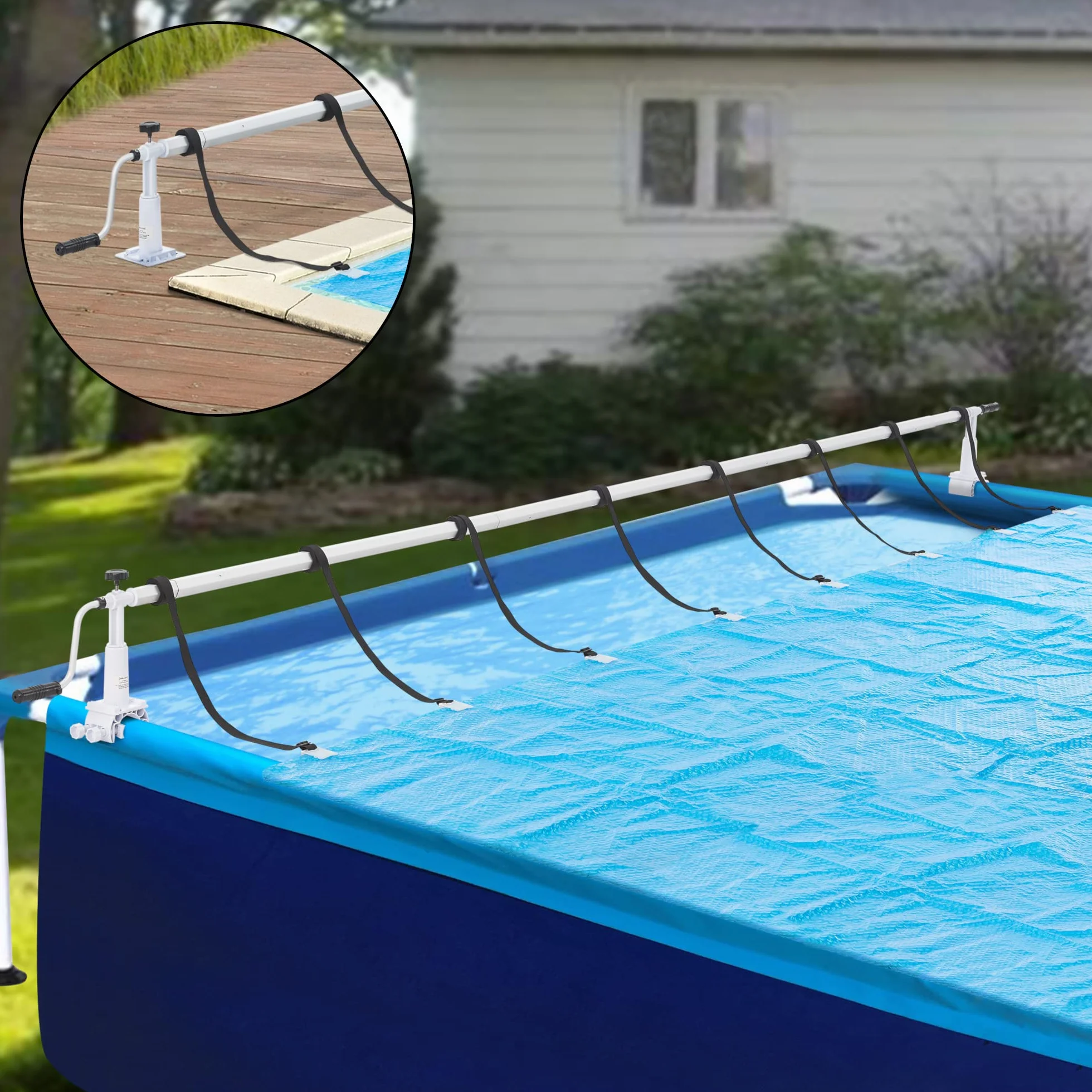 [en.casa] Enrollador de Cubierta de Piscina Retractor de Lona Longitud Ajustable Barra Telescópica 8 Correas con 2 Guías Aluminio Plástico 555x13x30 cm Multicolor