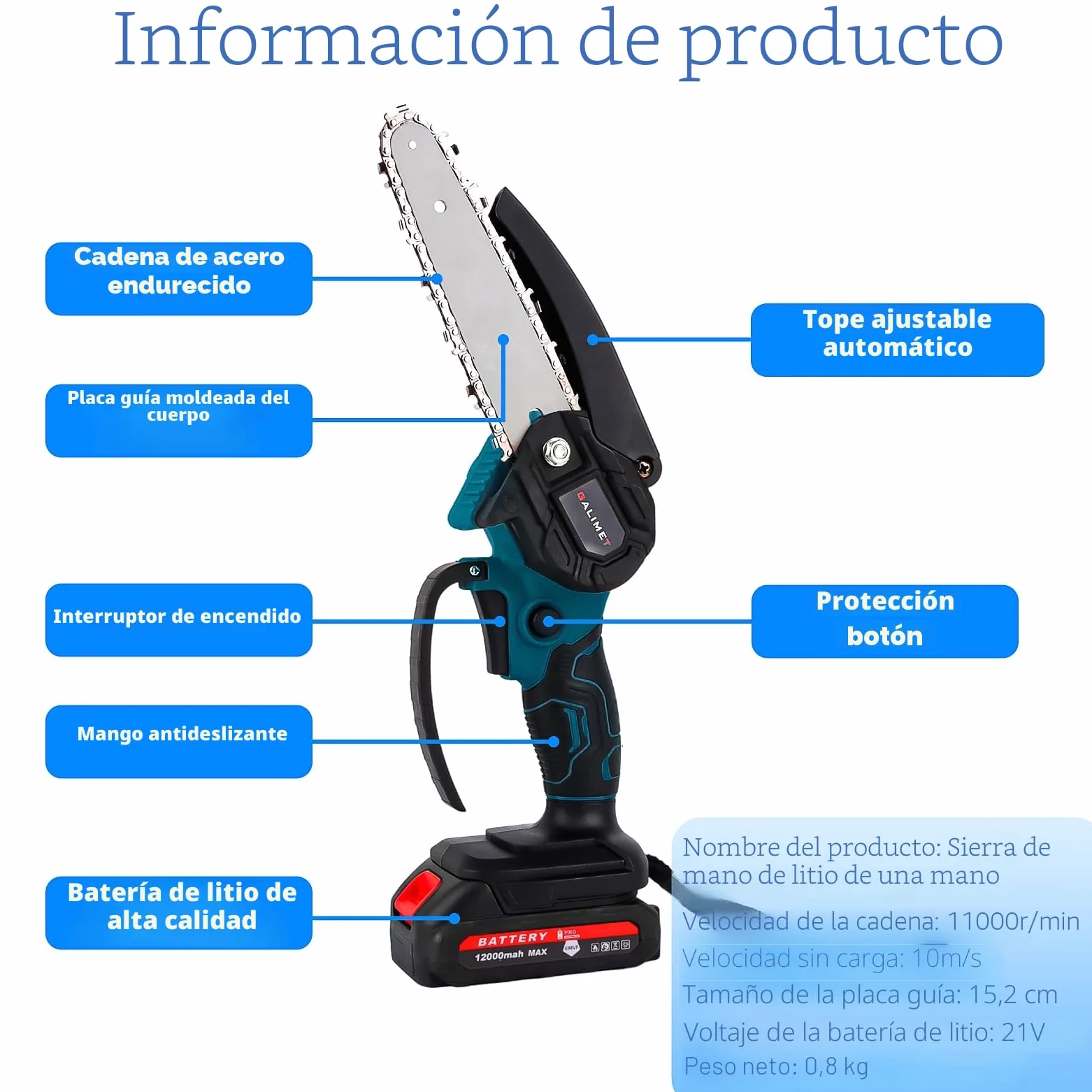 Motosierra eléctrica de 6 pulgadas con 2 baterías de 6000mAh y cargador