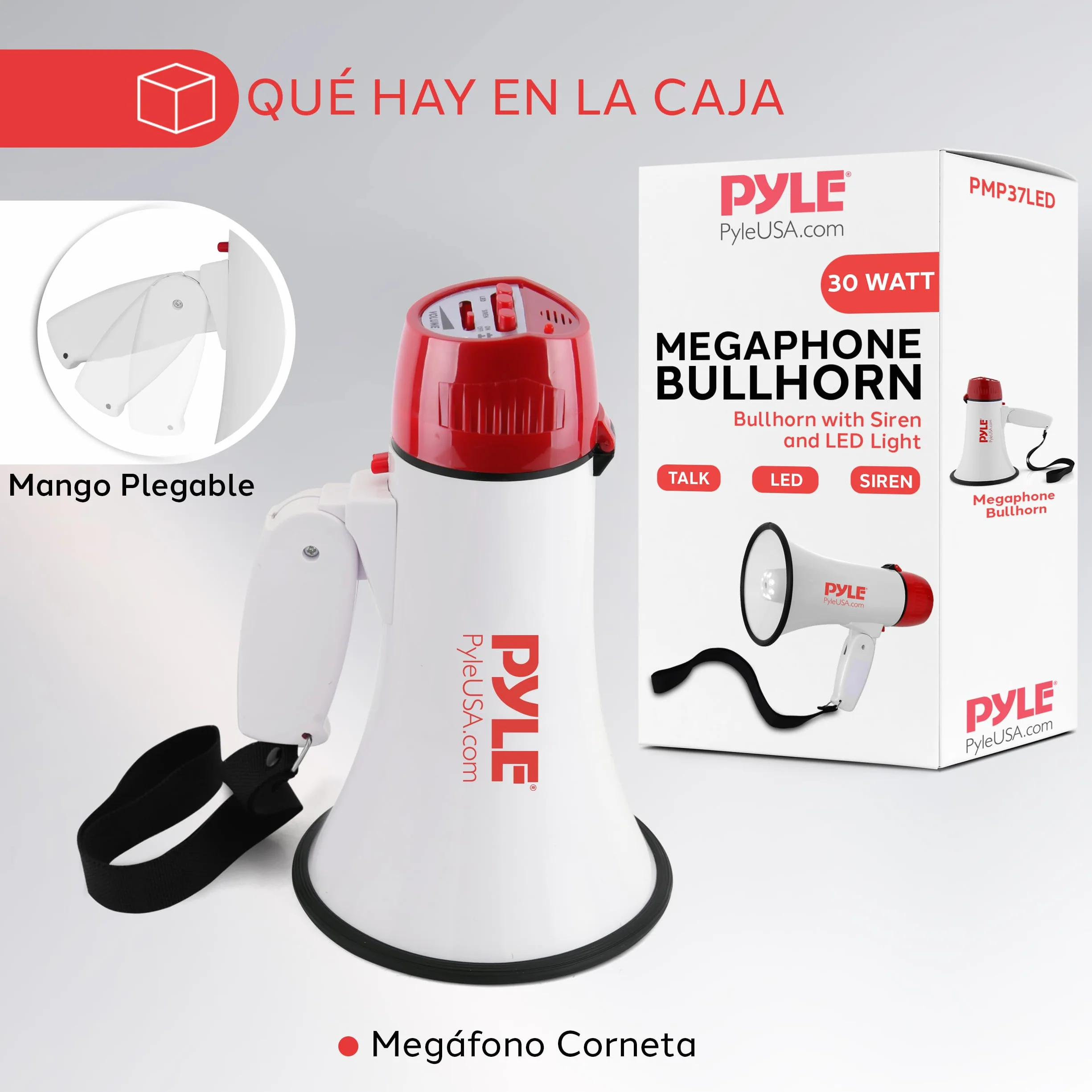 Pyle Megafono 30W z Sirena i Luces LED, Regulowany Głośność