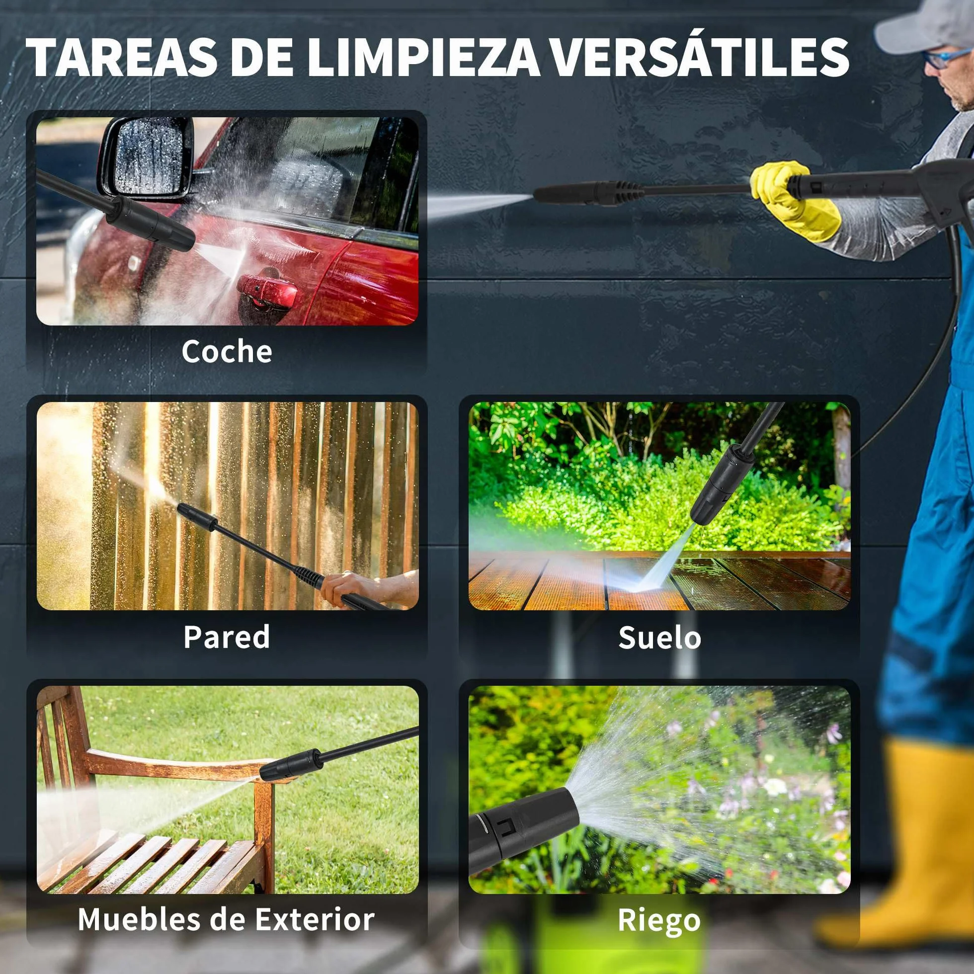 Outsunny Hidrolimpiadora de Alta Presión 2200W, Presión 170 Bar, Caudal 420 L/h, con Bomba de Aluminio, Parada Automática, Manguera de 6 m, Incluye Botella de Espuma y Boquilla Ajustable Verde y Negro