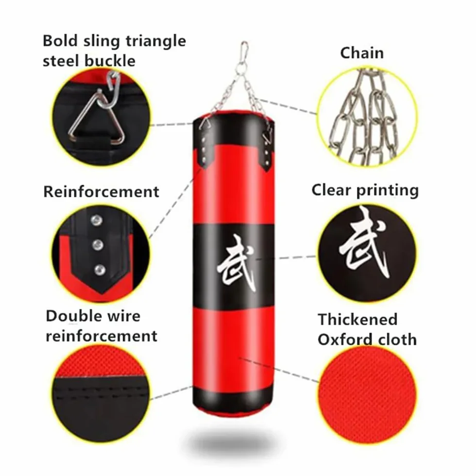 Kit de Sacos de Boxeo 15-en-1 100 cm con Guantes Vendas Cadena Gruesa Giratorio 360° para Muay Thai Lucha