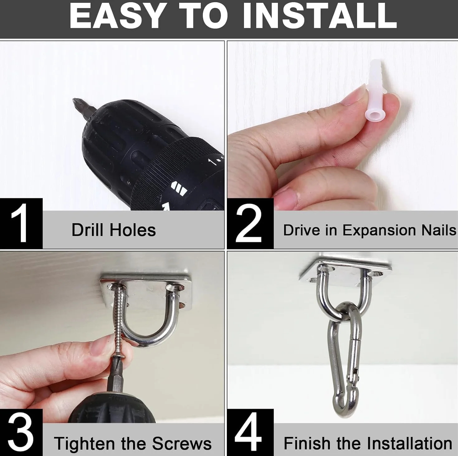 Greluma 4 Pzs Gancho de anillo de grapa con placa de ojo de almohadilla resistente con forma U para toldo de vela-Ganchos para hamaca de techo y pared M5 para suspensión columpio-Acero inoxidable 304