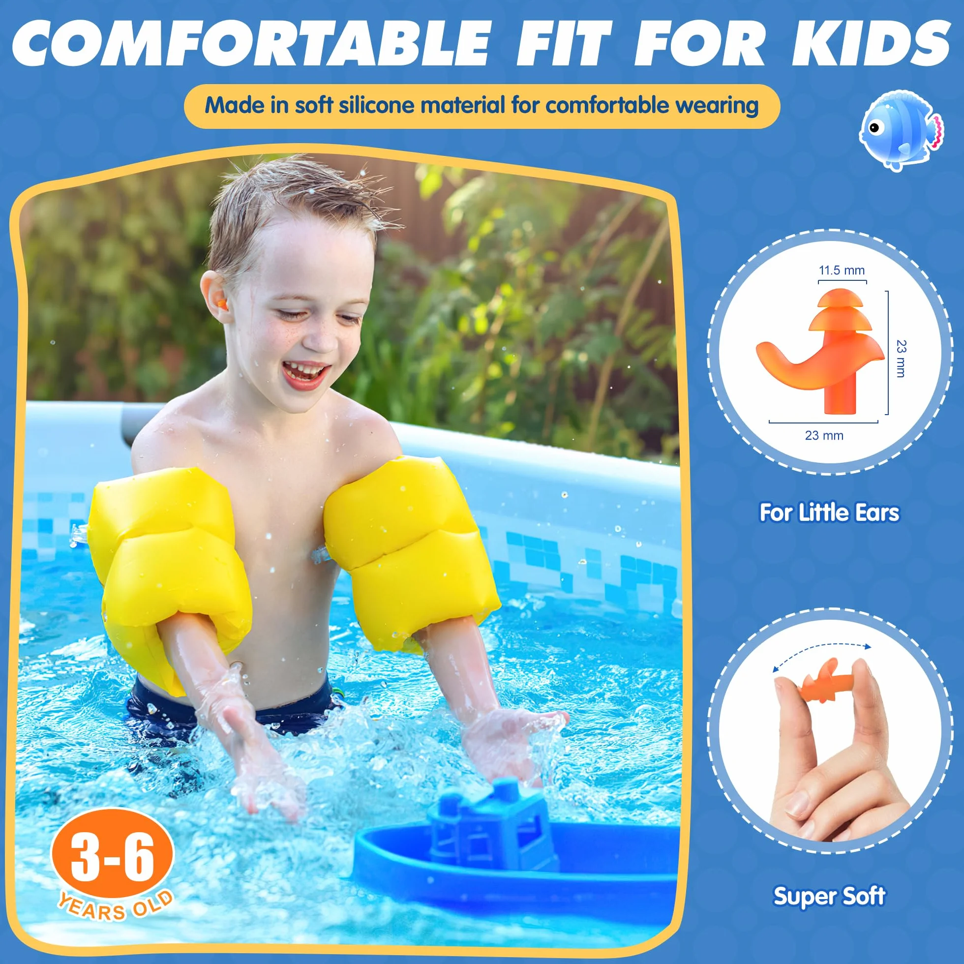 Hearprotek Tapones para los Oídos Natación 2 Pares Silicona Reutilizables a Prueba de Agua Nadadores Duchas Deportes Acuáticos Tamaño Niños Azul Naranja