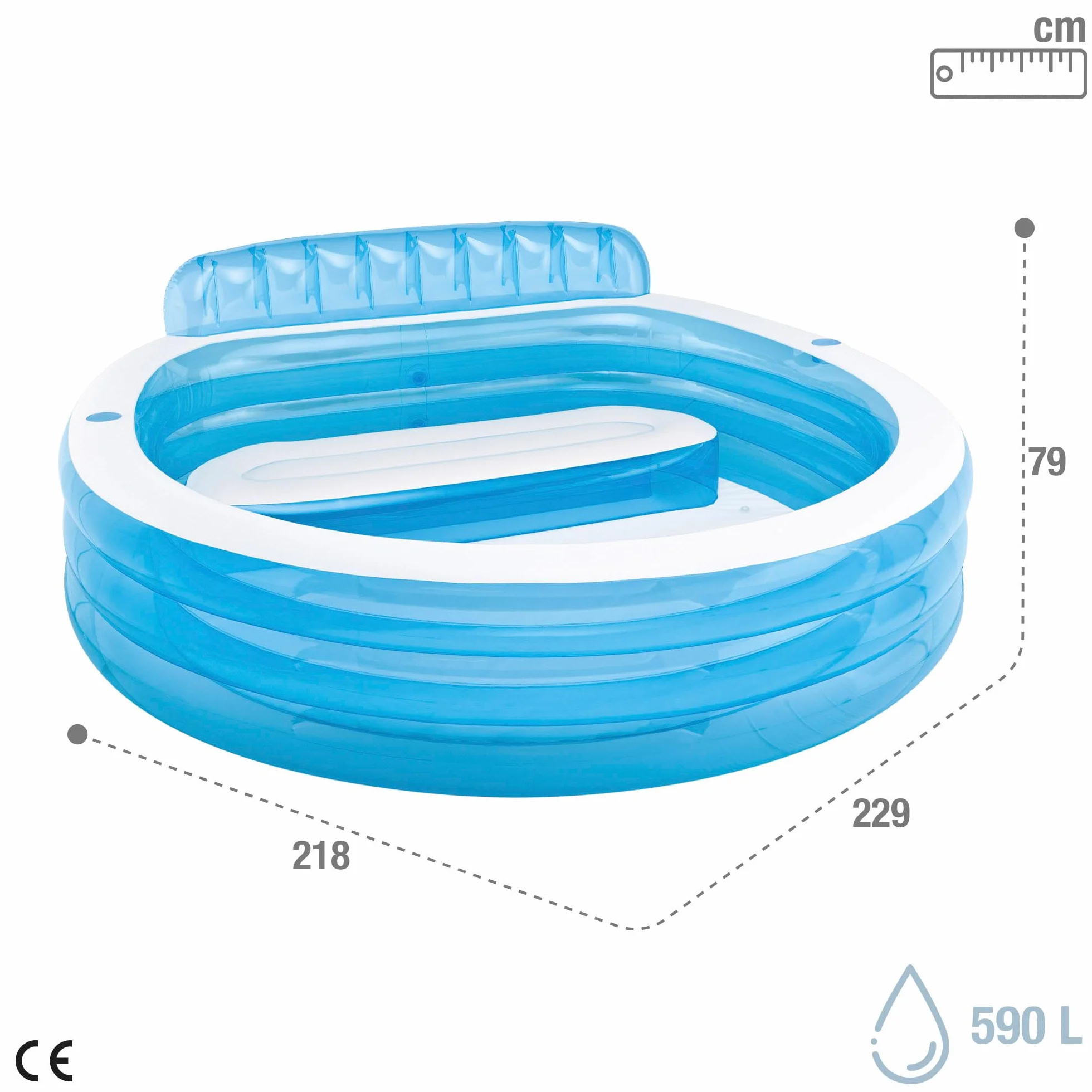 Intex Piscina hinchable redonda con respaldo, 229x218x79 cm, 590 litros, 2 cámaras de aire, 2 portabebidas, Tapón de desagüe, Vinilo resistente, Parche de reparación, +3 años, Diversión verano (57190)