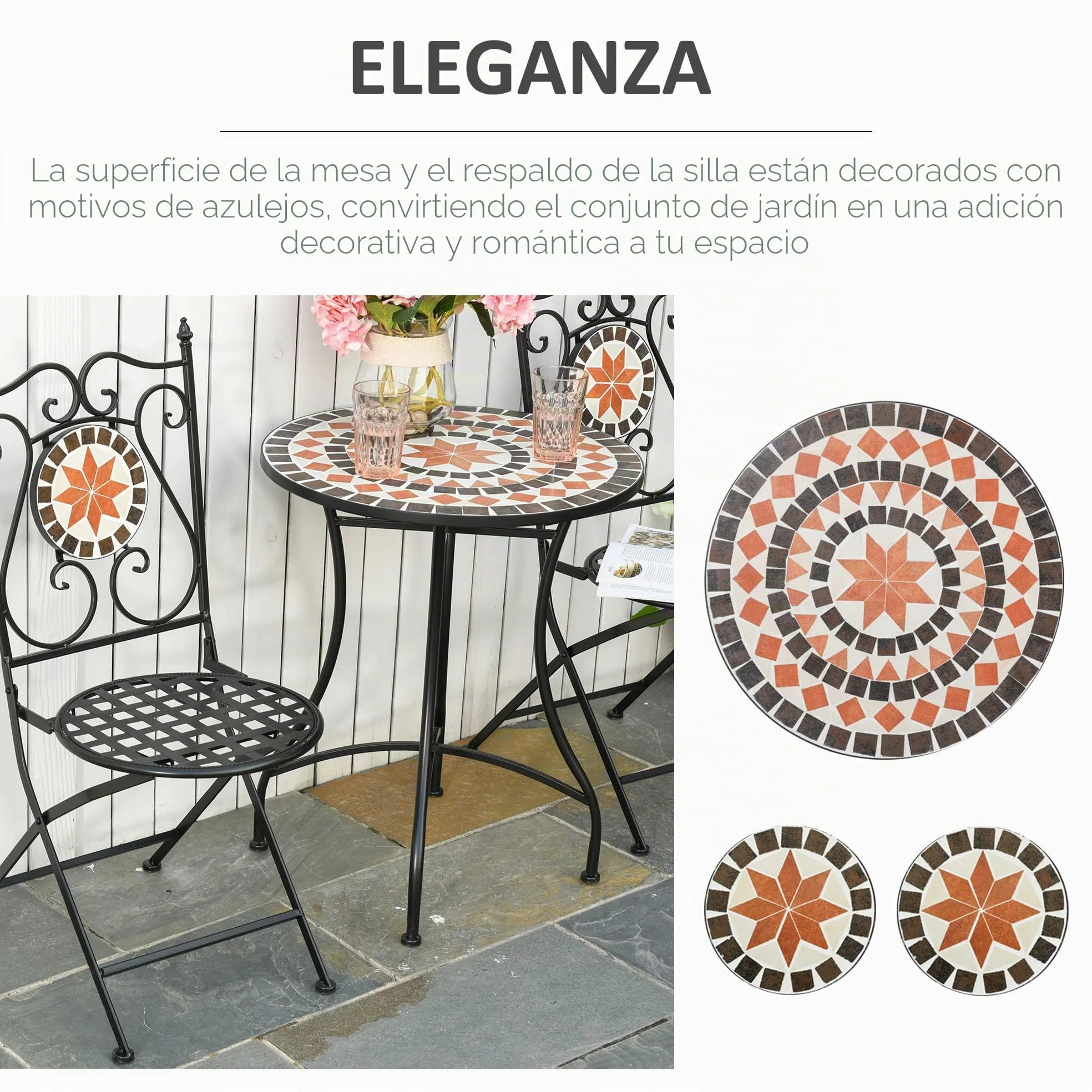 Outsunny 3 Piezas Mosaico Set Bistro, Mesa, 2 Sillas Plegables Negras | Asientos Exteriores, Marco de Metal, Elegante Volutas, Interior Patio Balcón