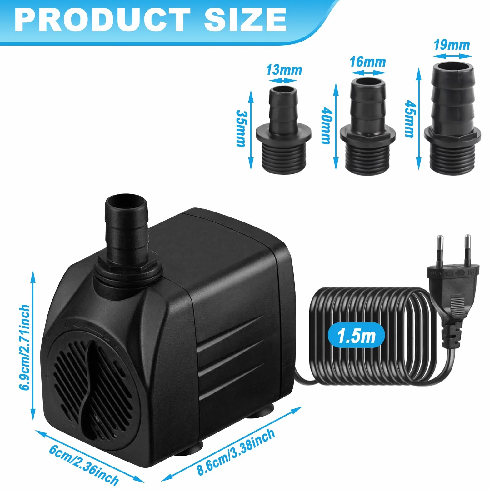 Bomba de Agua 25W 1800L/H 220V Mini Bomba de Acuario, Bomba Ajustable con 3 Boquilla y Cable de Alimentación, Bomba Sumergible Jardín Fuente de Estanque