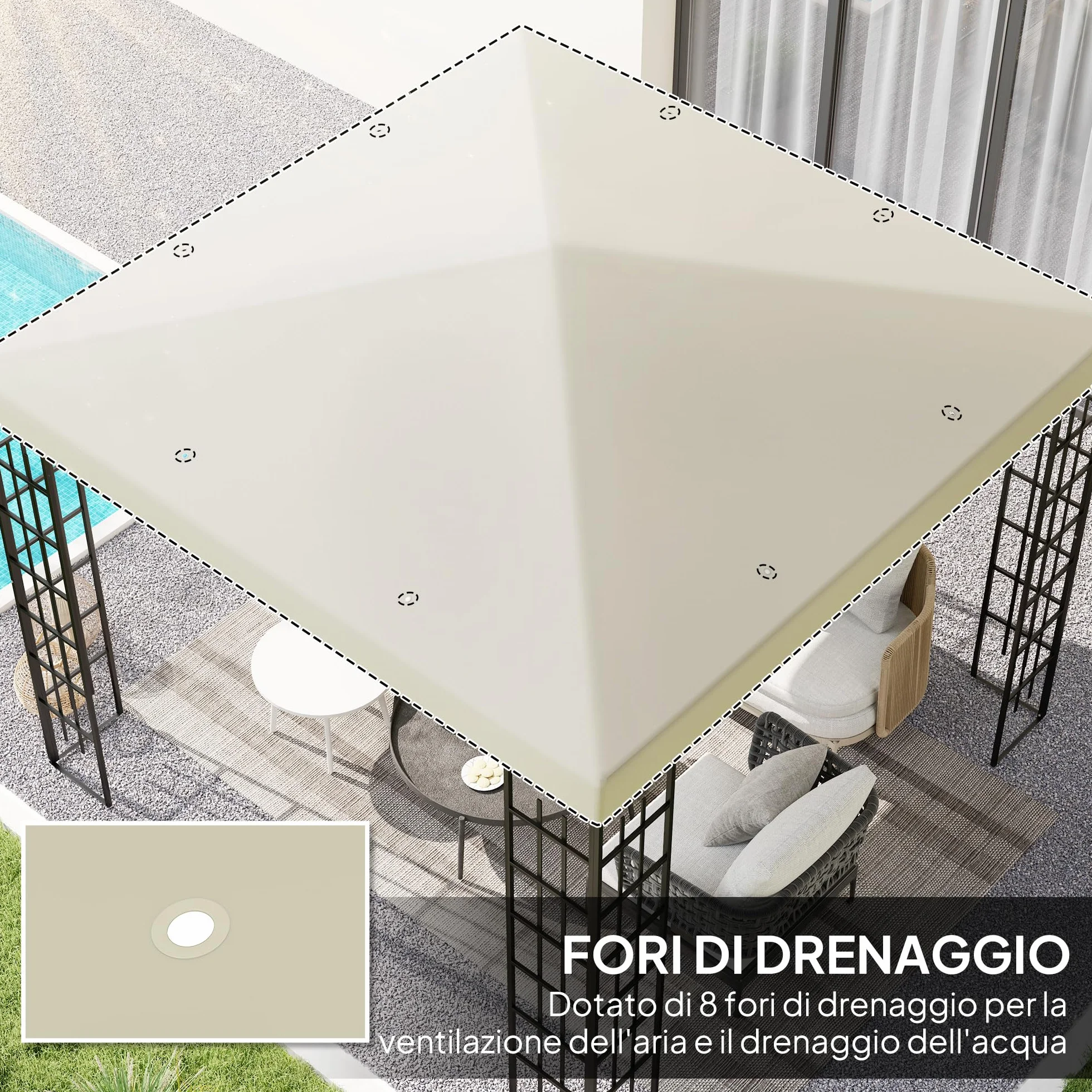 Outsunny Jardín Gazebo Reemplazo Techo 3x3 m, Resistente al agua Gazebo Canopy en 600D Oxford Tela 370g/㎡ Anti-UV 30+ con 8 agujeros de drenaje, Crema blanca.