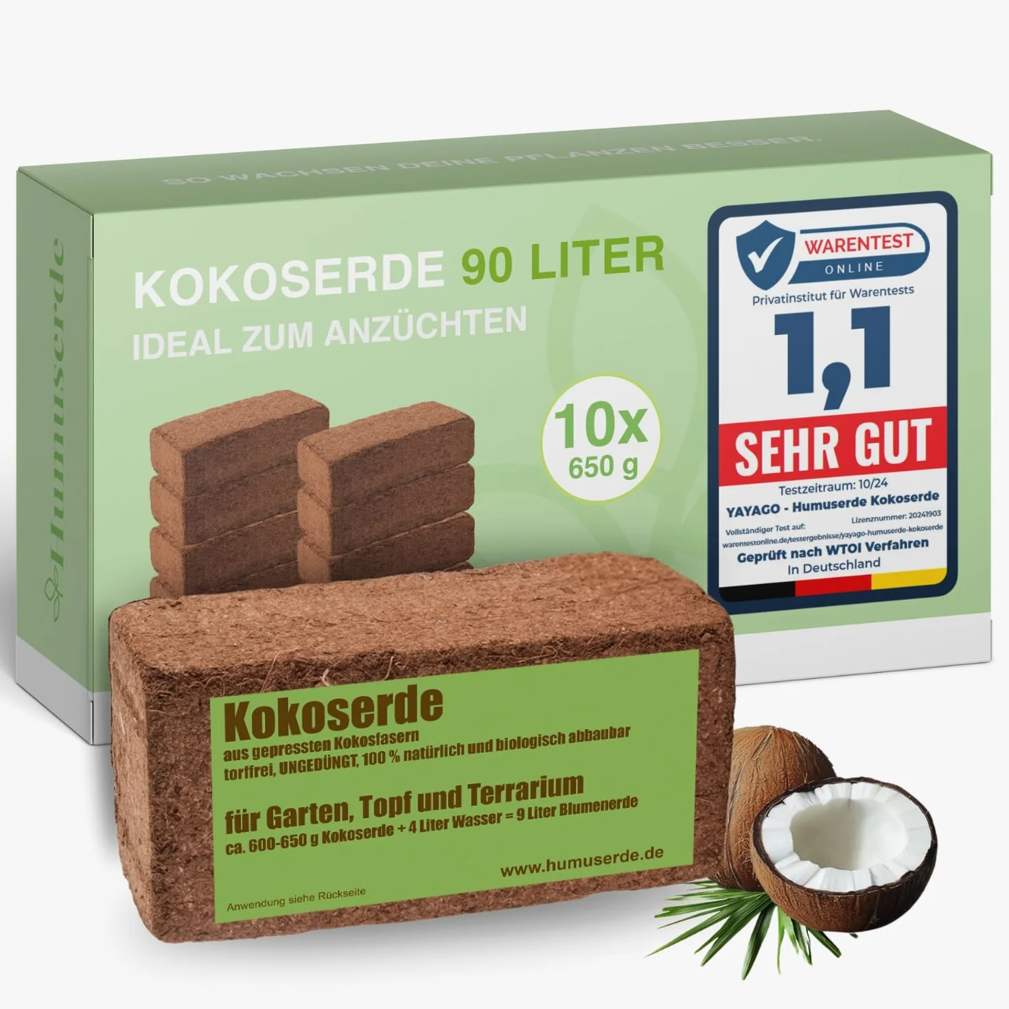 Ladrillo de humus 10 x tierra de coco 90 litros de tierra prensada de fibras de coco sin turba sin fertilizar 100% natural y biodegradable para jardín maceta y terrario 10 x aprox. 650 g
