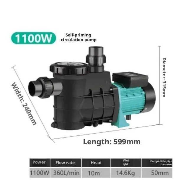 Bomba de agua autocebante para piscina de 1100W, bomba de circulación de alto flujo de 360L/min para piscina, estanque Koi, acuario, tanque de agua de mar