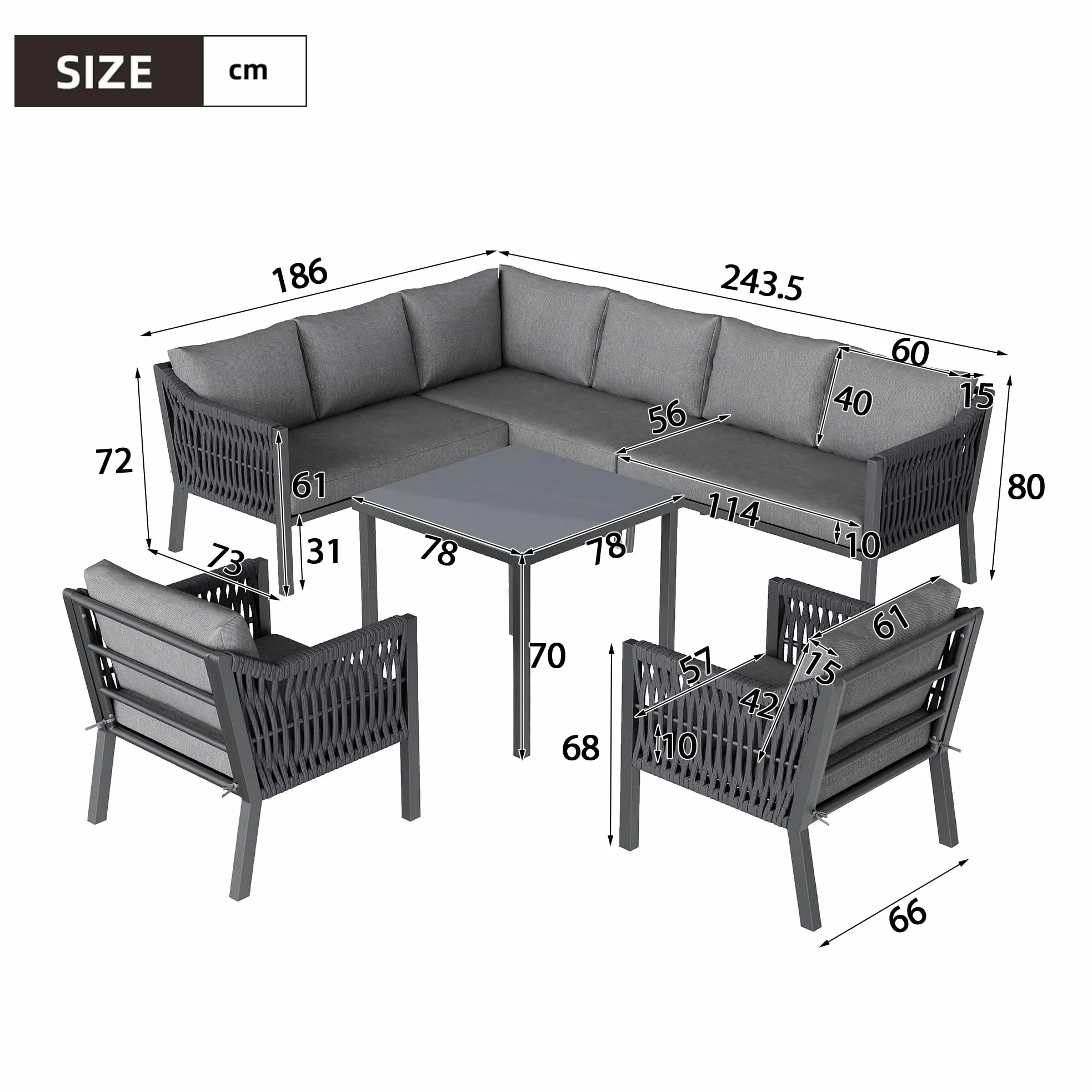 Muebles Jardin Exterior de 7-8 Plazas con 2 Sillones y Mesa, Sofa Terraza Exterior con Cojín Suave, Muebles Terraza Exterior con Reposabrazos Trenzado y Estructura Metálica, Gris