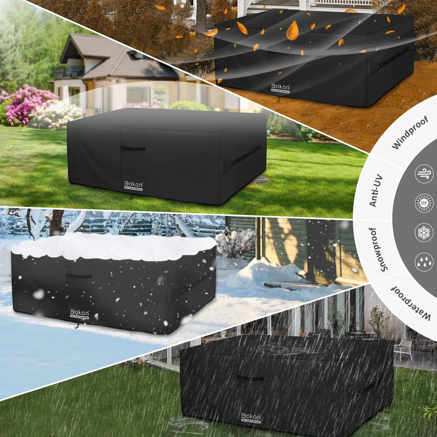 Dokon Funda para Muebles de Jardín Impermeable Funda Protectora Mesa Exterior con Salidas de Aire, Anti Viento, Anti UV Tela Oxford 420D Cubierta Muebles Terraza, Rectangular (250x210x90cm) - Negro