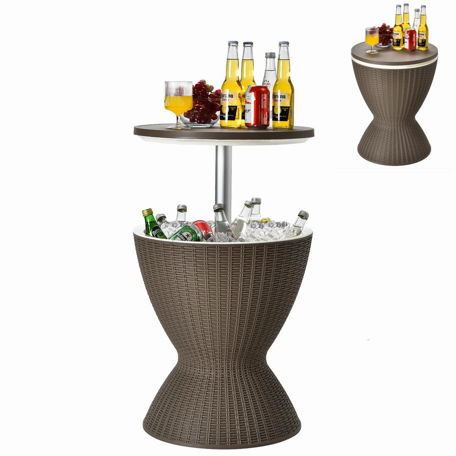 SOARS 3 En 1 Mesa Nevera para Jardín, 30L Cool Bar con Enfriador de Bebidas, Mesas de Cóctel con Hielo Altura Ajustable 57,5-82cm, Mesa de Hielo Carga 75kg para Fiesta Camping Caravaning (Café)