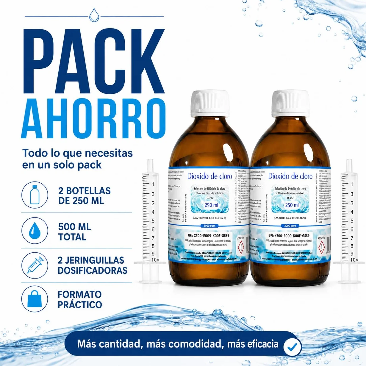 Dióxido de Cloro 3000 ppm - CDS | CDL - Envasado en Botella de Cristal Ámbar - 2 Botellas 250ml = 500ml - Compra Ahorro - Fabricado en España
