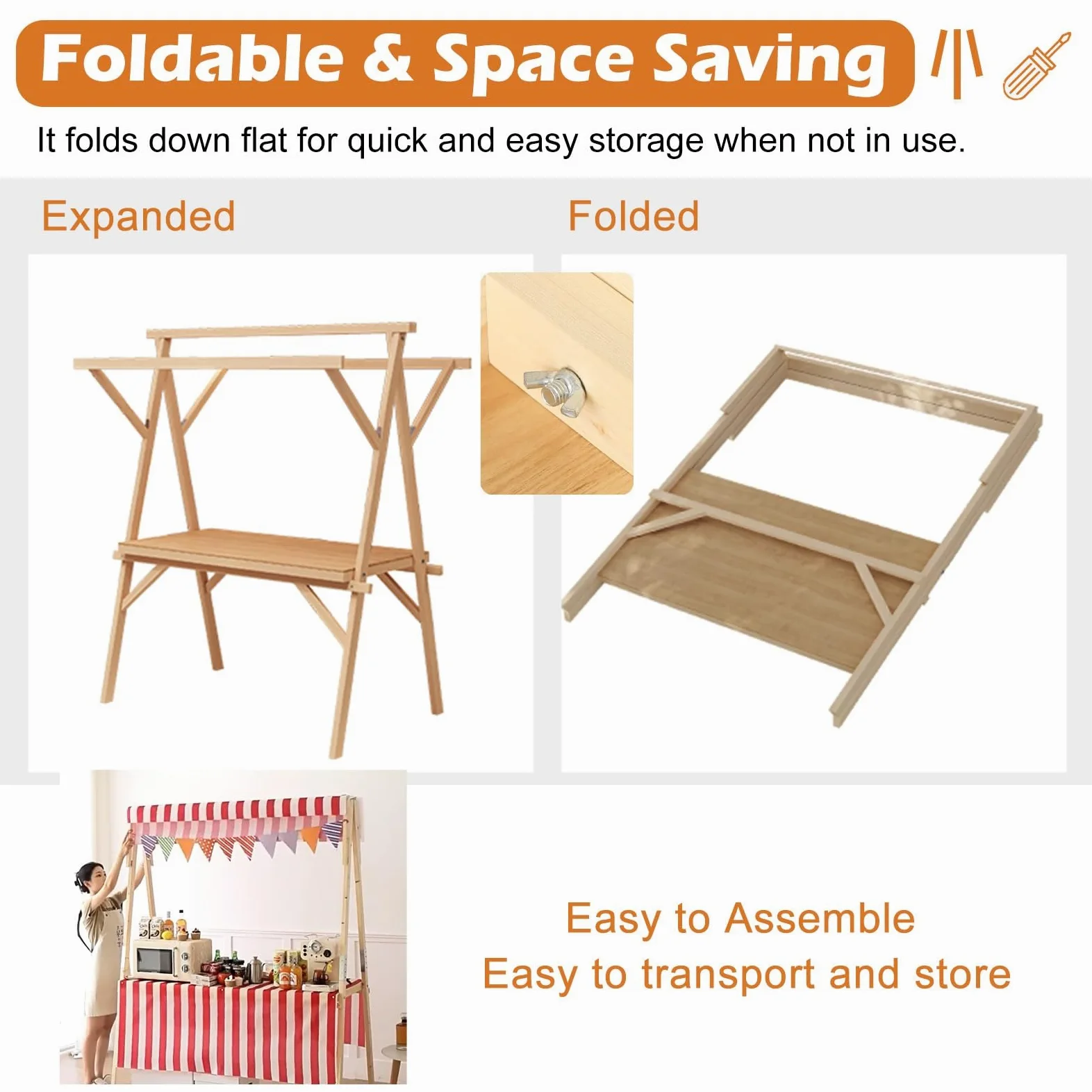 Carritos de Mercado, caseta Plegable de Madera para concesiones en mercados agrícolas y ferias, Carrito móvil con Ruedas, Puesto Playero (Amarillo, 140 cm de Ancho)