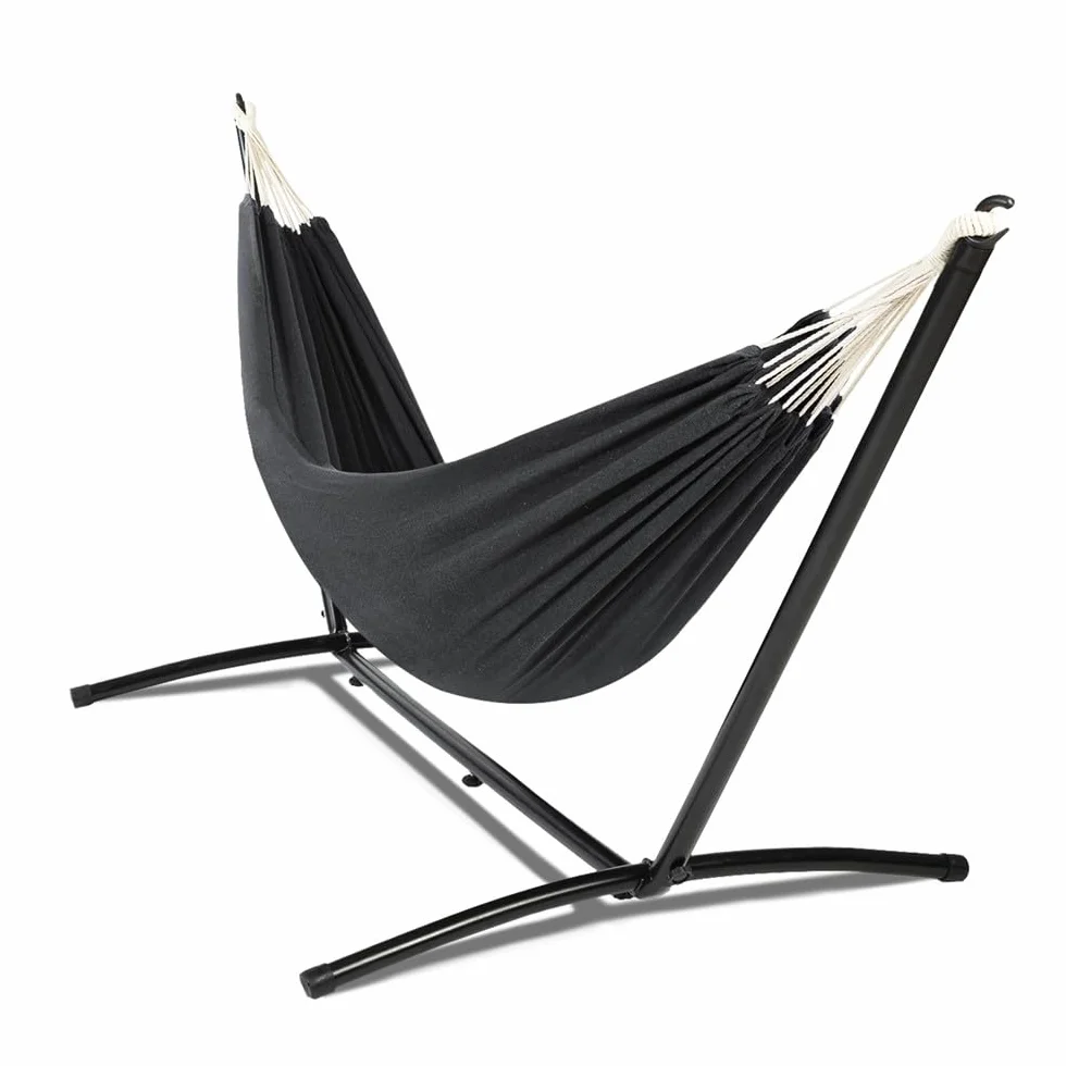 TERRE JARDIN - Hamaca con Soporte, de Metal, Carga Máx 130 kg - Hamaca con Soporte, Lona de Tela de Poliéster, Negra - Hamaca Colgante Jardín Balcón Exterior y Terraza - Resistente al Agua