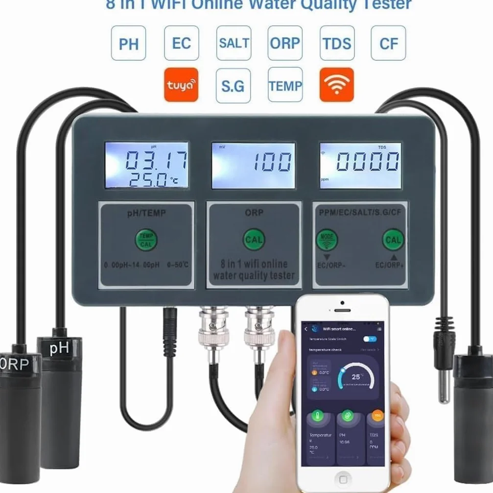 Medidor inteligente de calidad del agua con WiFi, 8 en 1, medidor de calidad del agua, medidor de pH, registrador de datos, temperatura TDS Salinity S.G. EC ORP, analizador de alta precisión,