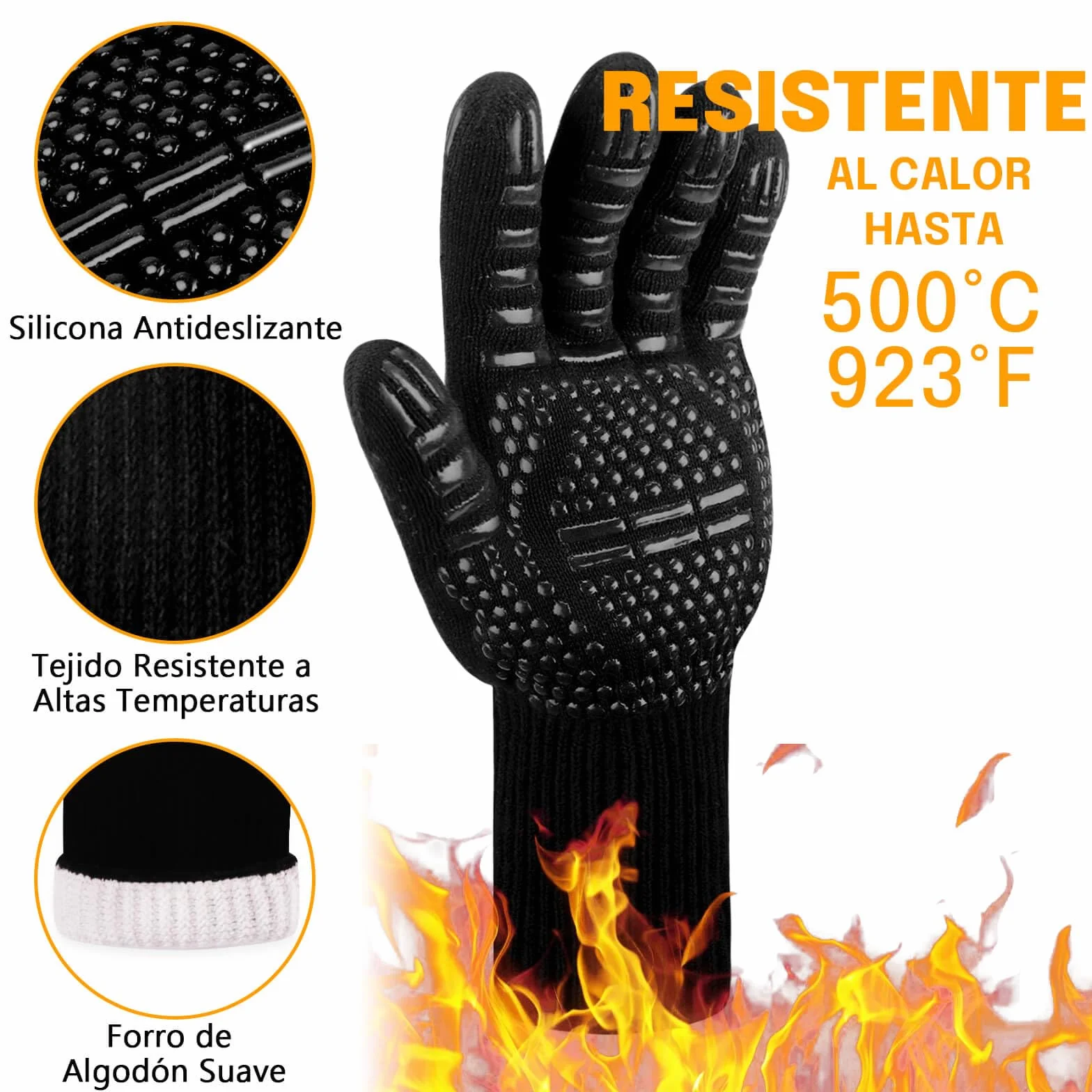 Guantes Barbacoa Cocina Resistente al Calor hasta 500°C Guantes para Horno de Silicona Antideslizante para Cocina, Parrilla, Hornear, Microondas (L/XL/XXL, Dorado)