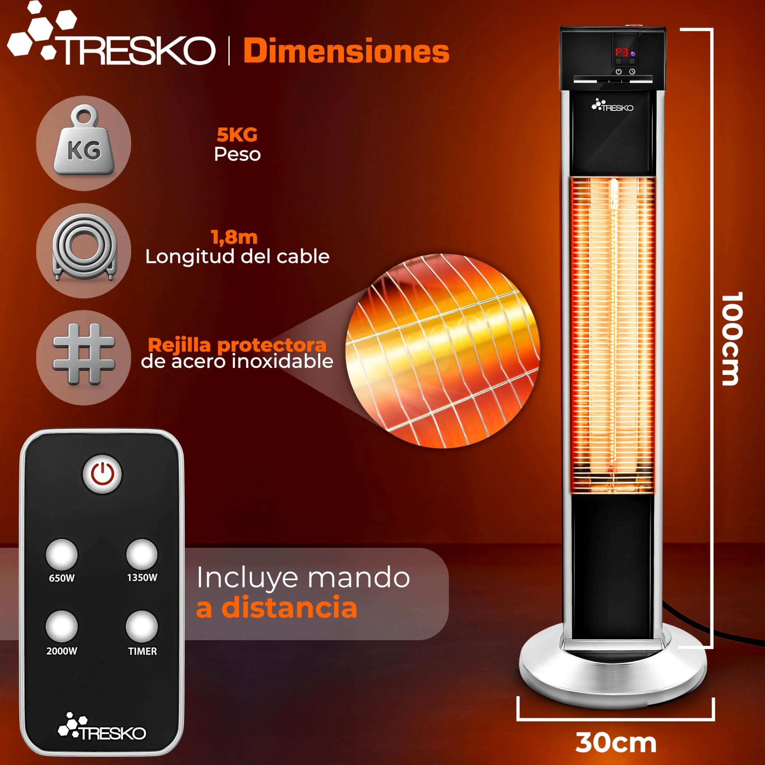 TRESKO Calefactor por Infrarrojos 2000W Control Remoto Estufa Radiante 3 Temperaturas Radiador Eléctrico Exterior Interior Calentador Pantalla LED