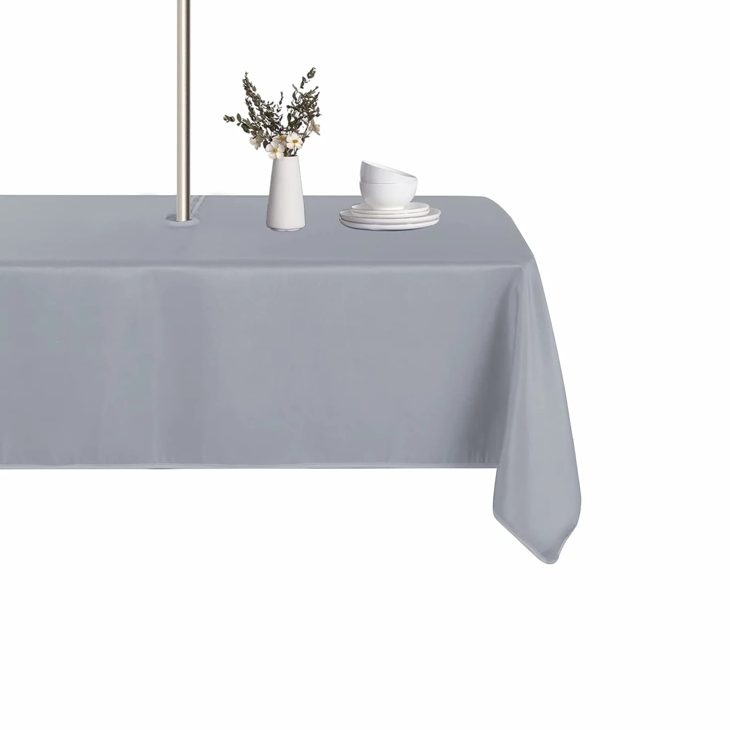 LUSHVIDA - Mantel de exterior rectangular con agujero de sombrilla y cremallera, resistente al agua, resistente a los líquidos, lavable, lavable, para primavera, verano, 152,5 x 259 cm, color plateado