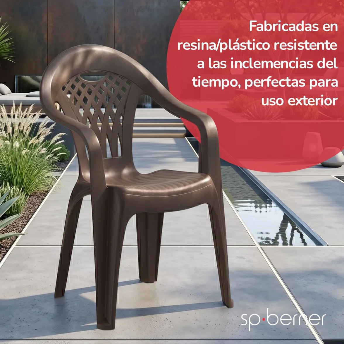 SP Berner SHAF - Pack 6 Sillas de Jardín Apilables - Exterior Terraza o Eventos - Plástico Reciclado Resistente UV - Fabricadas en España - Modelo Cancún - Wengué
