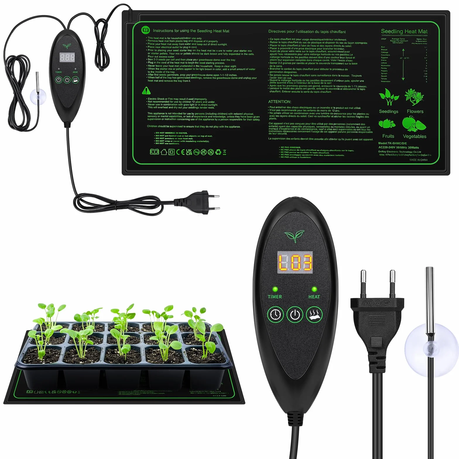 Estera Calefactora para Plantas con Termostato, Estera TéRmica para Plantas con 6 Niveles de Temperatura Y 6 Niveles de Temporizador, Estera TéRmica para PláNtulas (30W, 53x 25cm)
