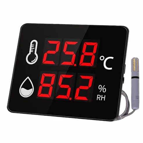 Medidor digital de temperatura y humedad con sensor de 3 m y soporte para uso en interiores y exteriores en aplicaciones industriales e invernaderos