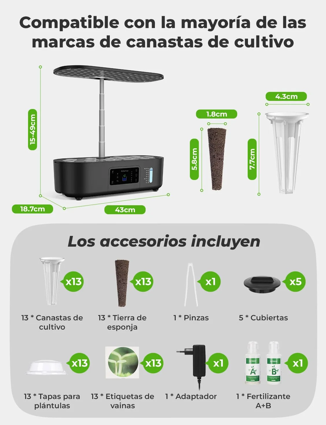 Sistema de Cultivo Hidropónico Kit de Cultivo Interior con Iluminación LED Automática, Huerto Interior con Temporizador Automático, Altura Ajustable (13 Vainas)