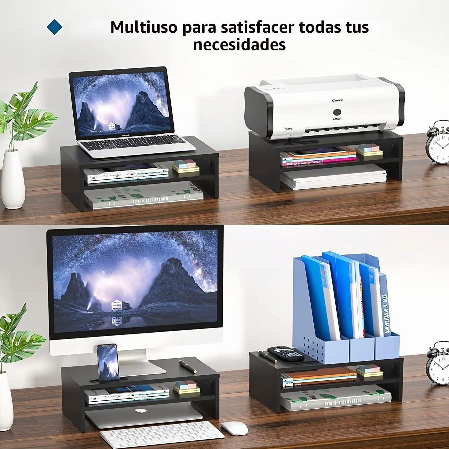 BONTEC Elevador Monitor Escritorio Madera, Soporte 2 Niveles Gestión Cables Ranura Móvil, 30 kg, Negro 420x235x142mm