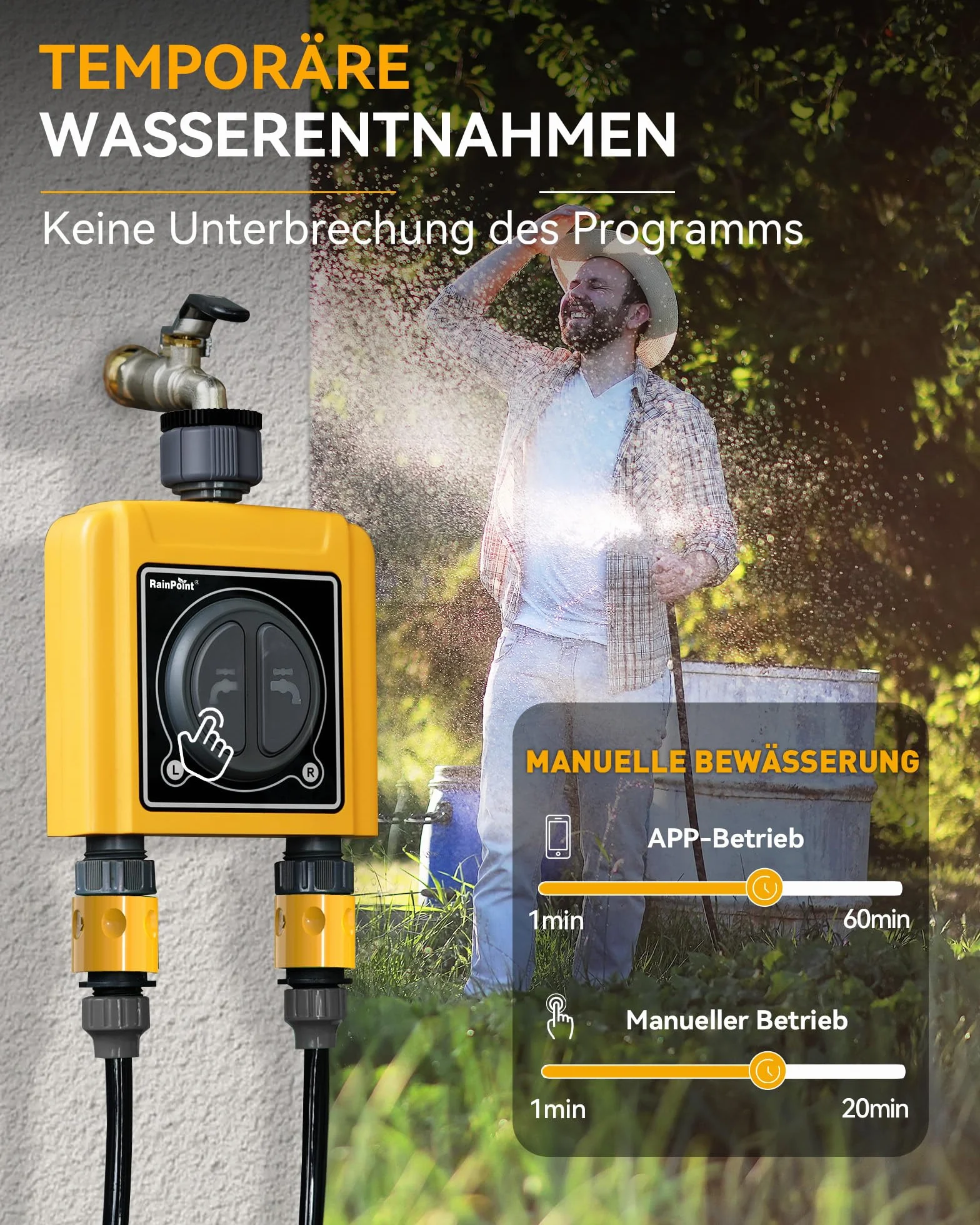 RAINPOINT Programador Riego WiFi 2 Salidas, Inteligente Temporizador Riego Automatico, App/Voz Control, Riego Basado en Clima/Humedad del Suelo, empotrar Caudalimetro Agua, para Césped Jardín