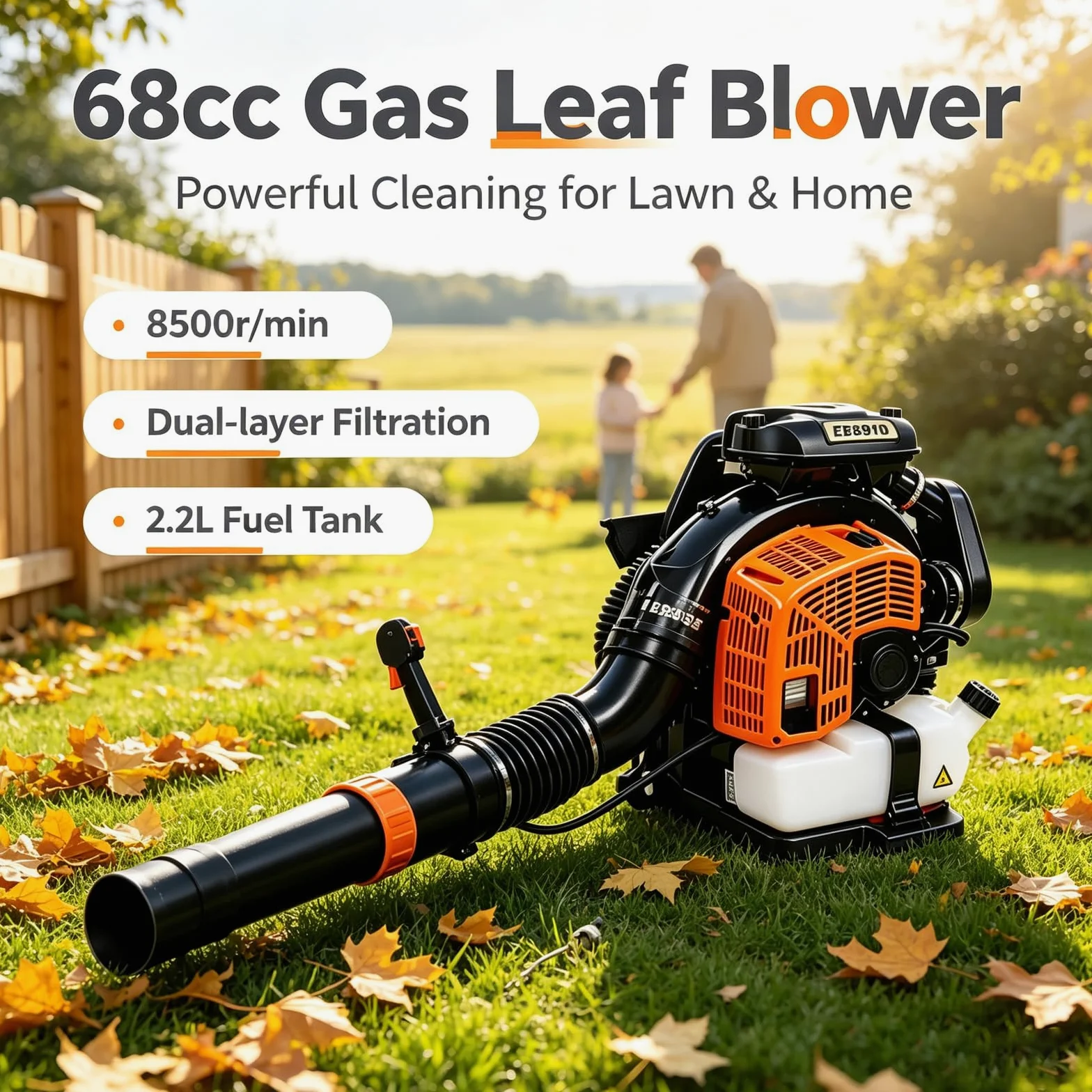 Soplador De Hojas De Gas 68cc, Filtración De Doble Capa 8500r/min | Soplador de hojas de gasolina con mochila de 2,2 L, mango de 180 grados, arnés ergonómico y ventilado(black)