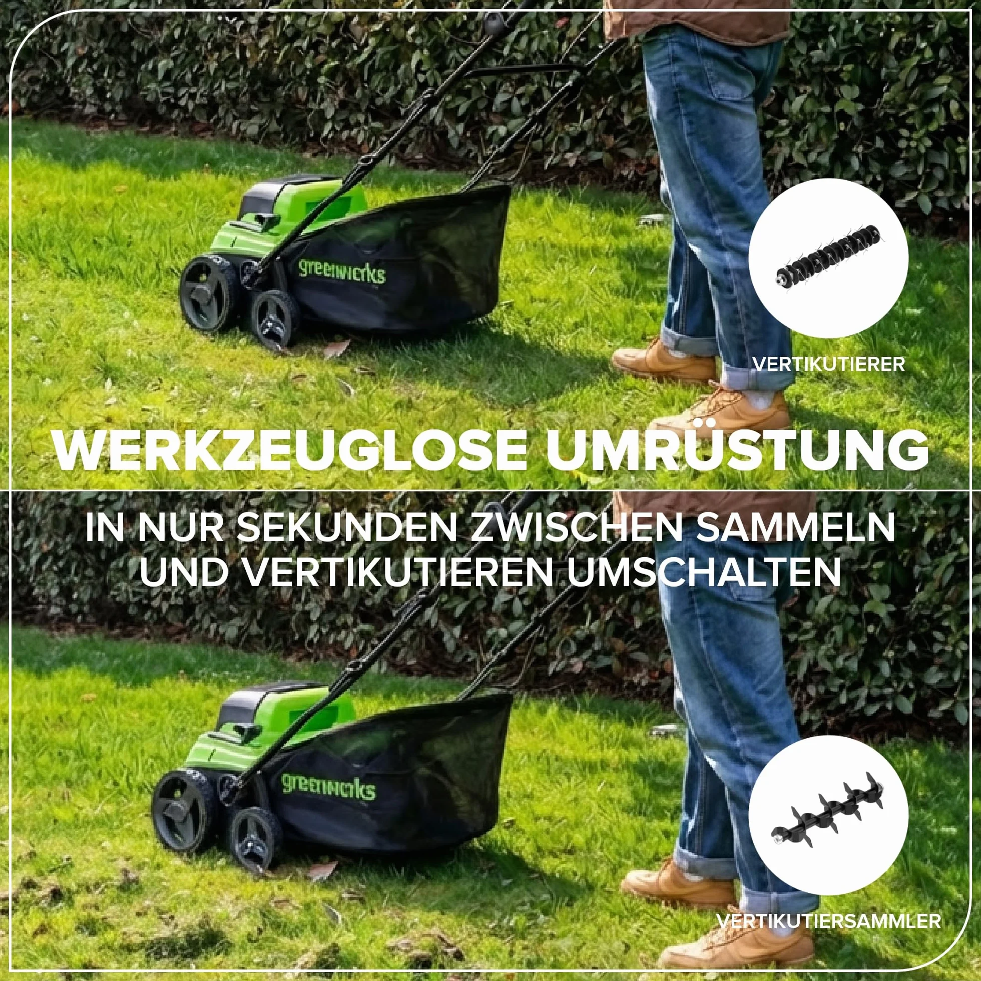 Greenworks Escarificador Aireador Césped 48V (24V x2) Brushless 2-en-1, Ancho 38 cm, 5 Niveles Altura, Bolsa 45L, Manillar Plegable, Herramienta Jardín Inalámbrica, Sin Batería GD2X24SC38II