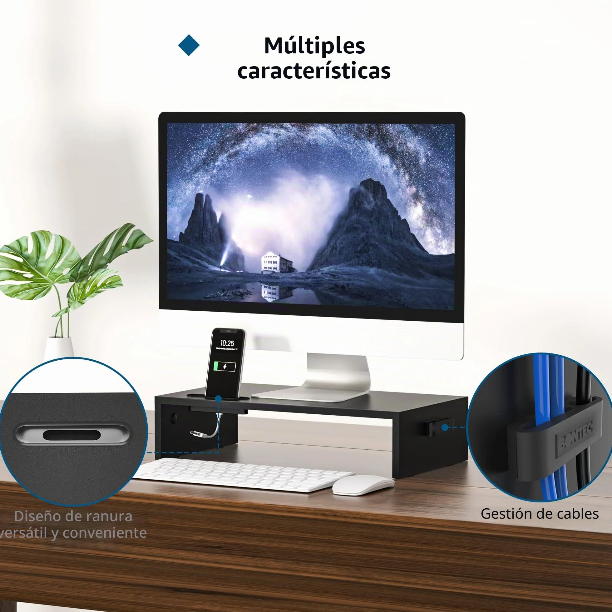 BONTEC Elevador Monitor de Madera, Soporte Monitor 1 Nivel Gestion Cables Ranura Movil Negro 420x235x104mm