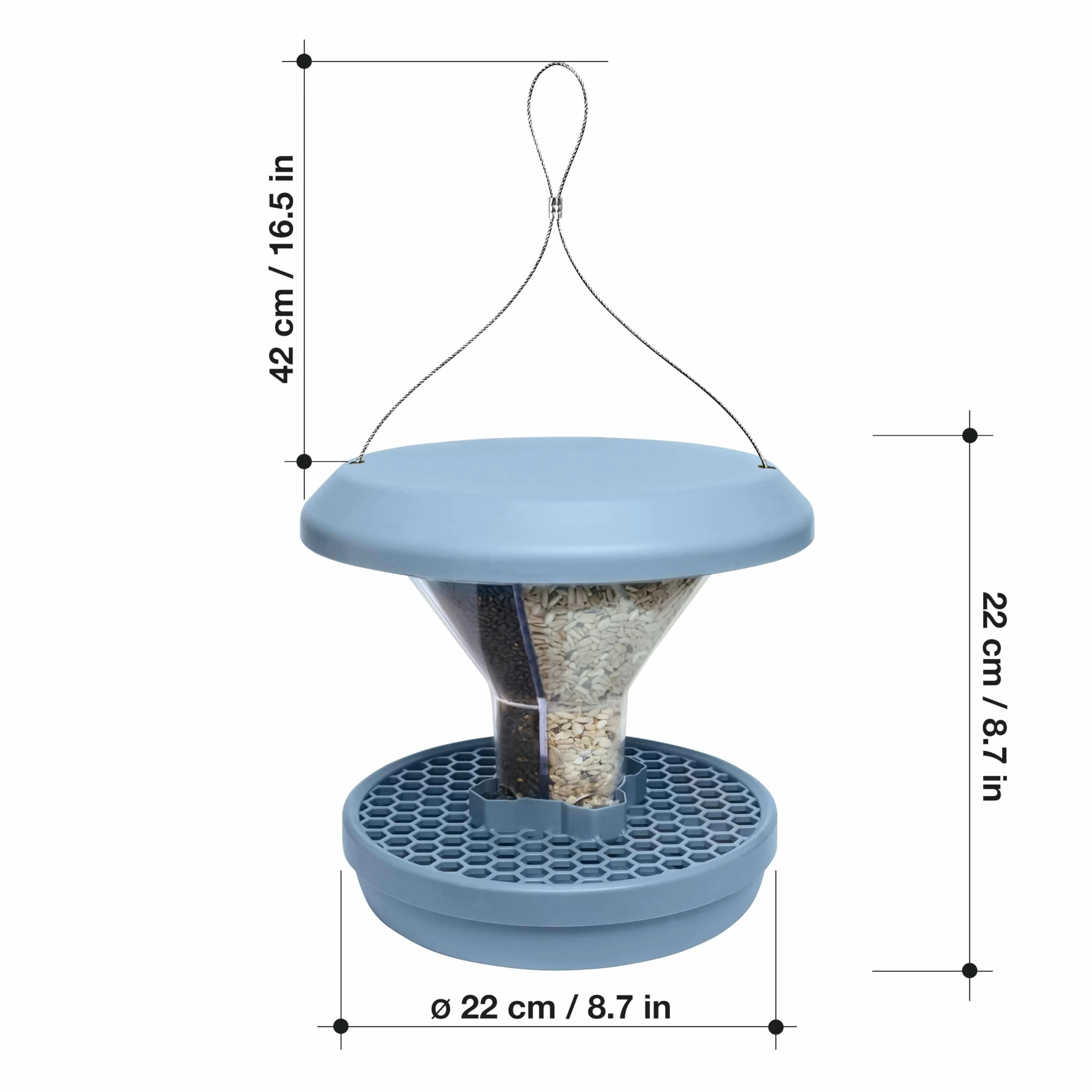 SWISSINNO Comedero para Pájaros Colgante – Davos Smart Birds - Dispensador con Bandeja - Tolva Segura contra Roedores - para Jardín y Balcón - Azul Claro