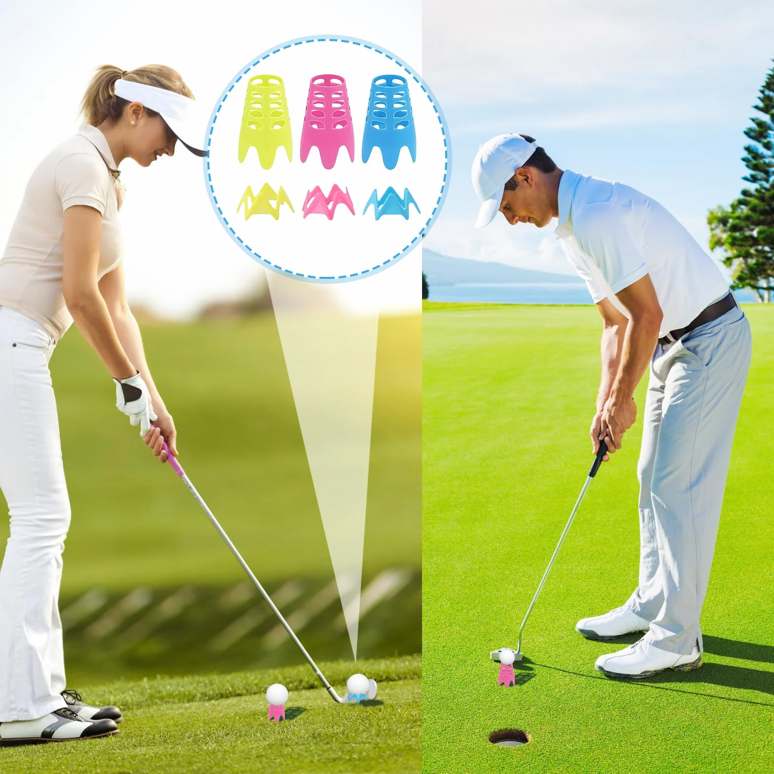 Tees Simulador Golf 27 Piezas, Tees de Golf de Plástico Ajustables en Altura, 2 Tamaños (18 Grandes + 9 Pequeños)