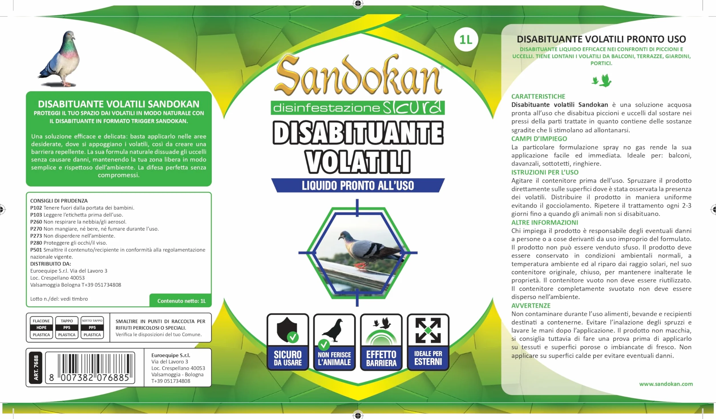 Sandokan Ahuyentador de Palomas Spray 1 Litro, Repelente Natural de Aves Listo para Usar, Disuasorio Líquido para Balcones y Ventanas Sin Gas, Fabricado en Italia