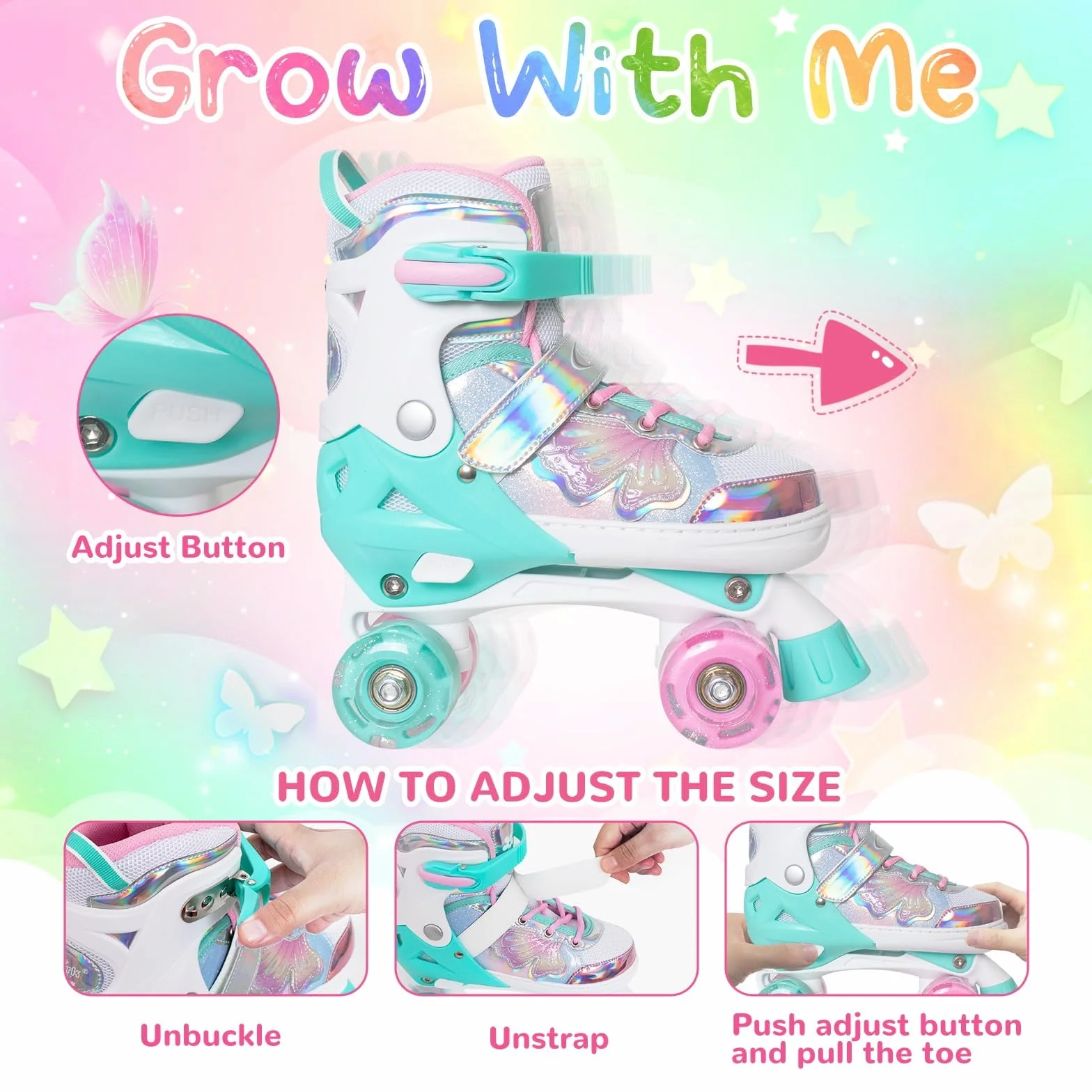 Patines de ruedas para niños Nattork, 4 tamaños ajustables, diseño mariposas flores