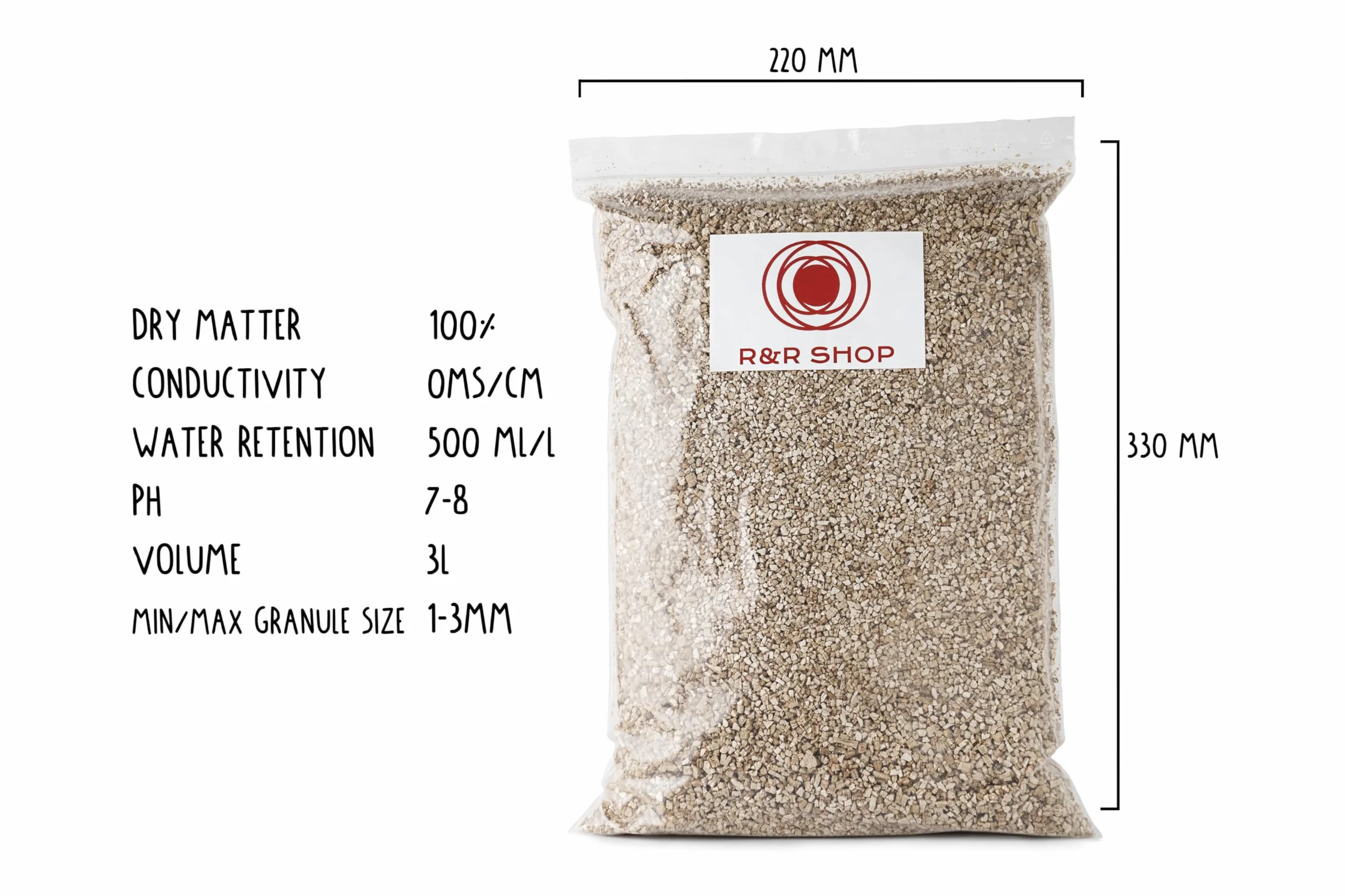 R&R SHOP – Vermiculita Fina Expandida, PH Neutro Ideal para Germinación, Crecimiento de Plantas, Hongos y Animales de Terrario (3L)