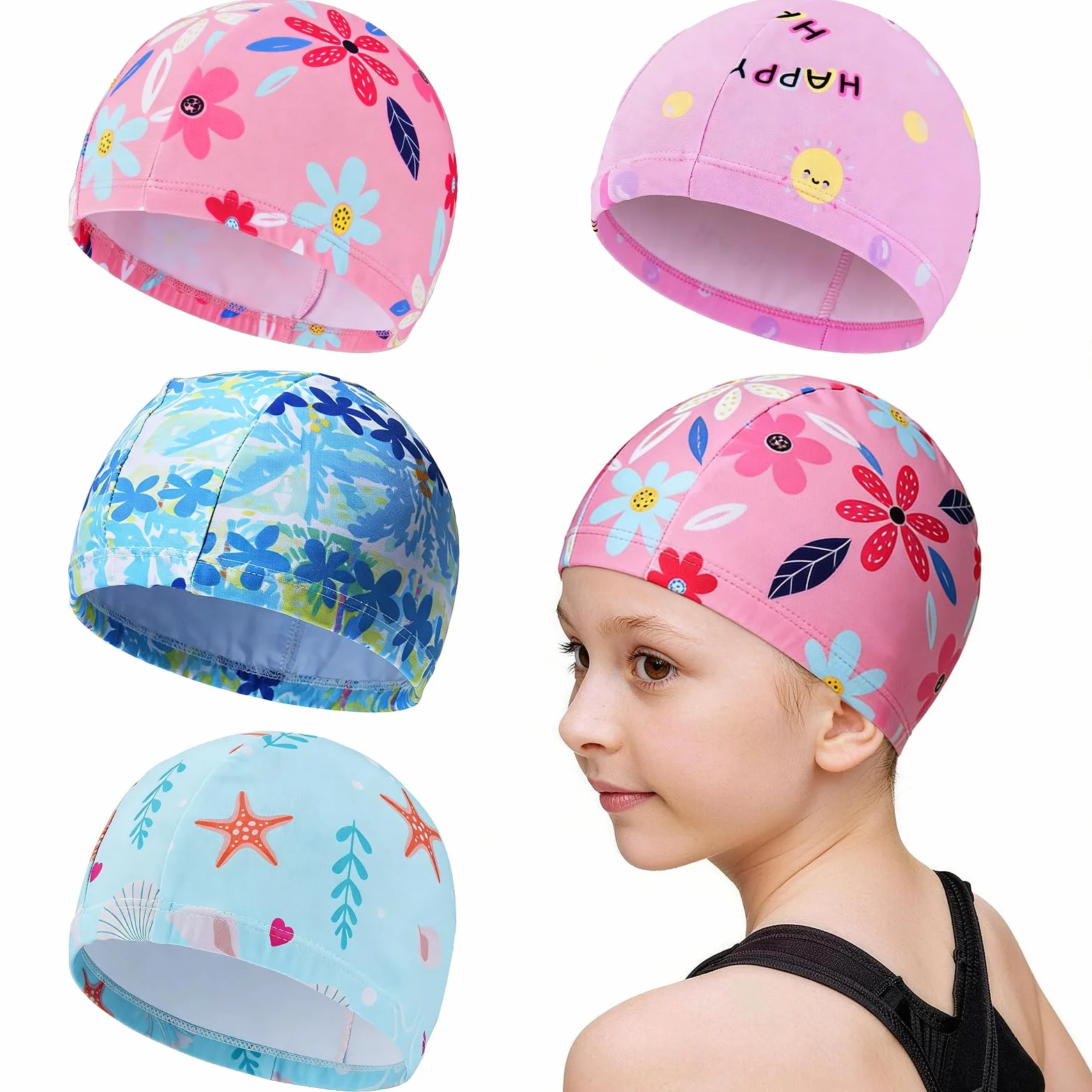 Gorro Natación Niños Niñas 1-8 Años Unisex Infantil Tejido Elástico Suave Resistente Protege Cabello Orejas Agua Pack 4
