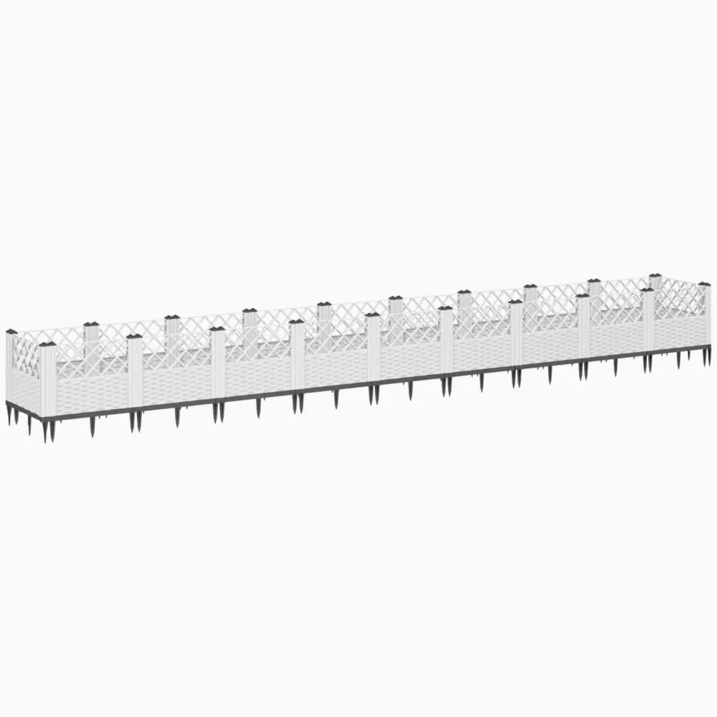 Jardinera con estacas blancas, 363,5 x 43,5 x 43,5 cm, bancal elevado de plástico con aspecto de ratán, para verduras, hierbas y flores en el jardín y en la terraza