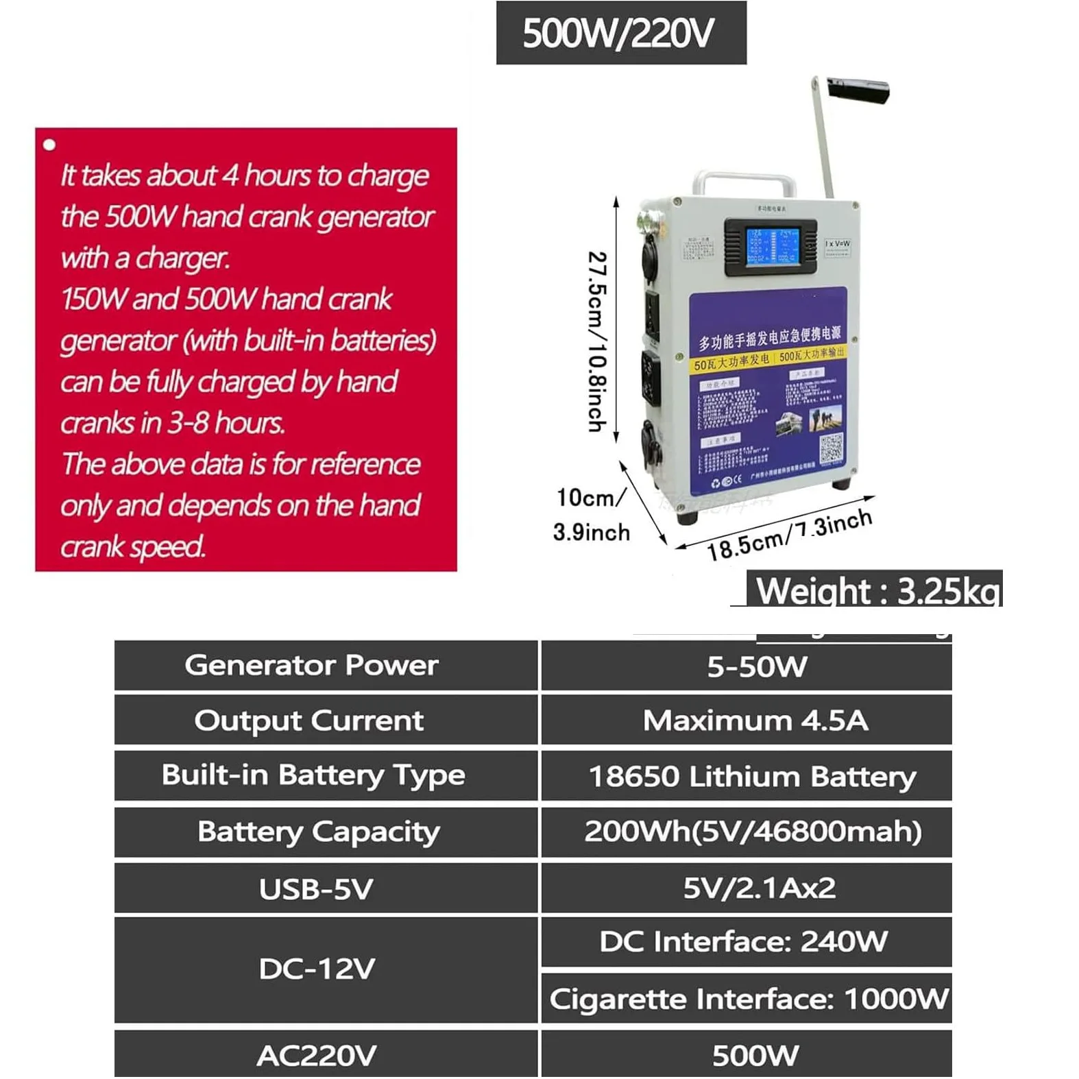 Generador portátil de 500 W con manivela,estación de energía portátil de 220 V CC,cargador con manivela,para emergencias por huracanes,campamentos al aire libre,vehículos recreativos y uso doméstico